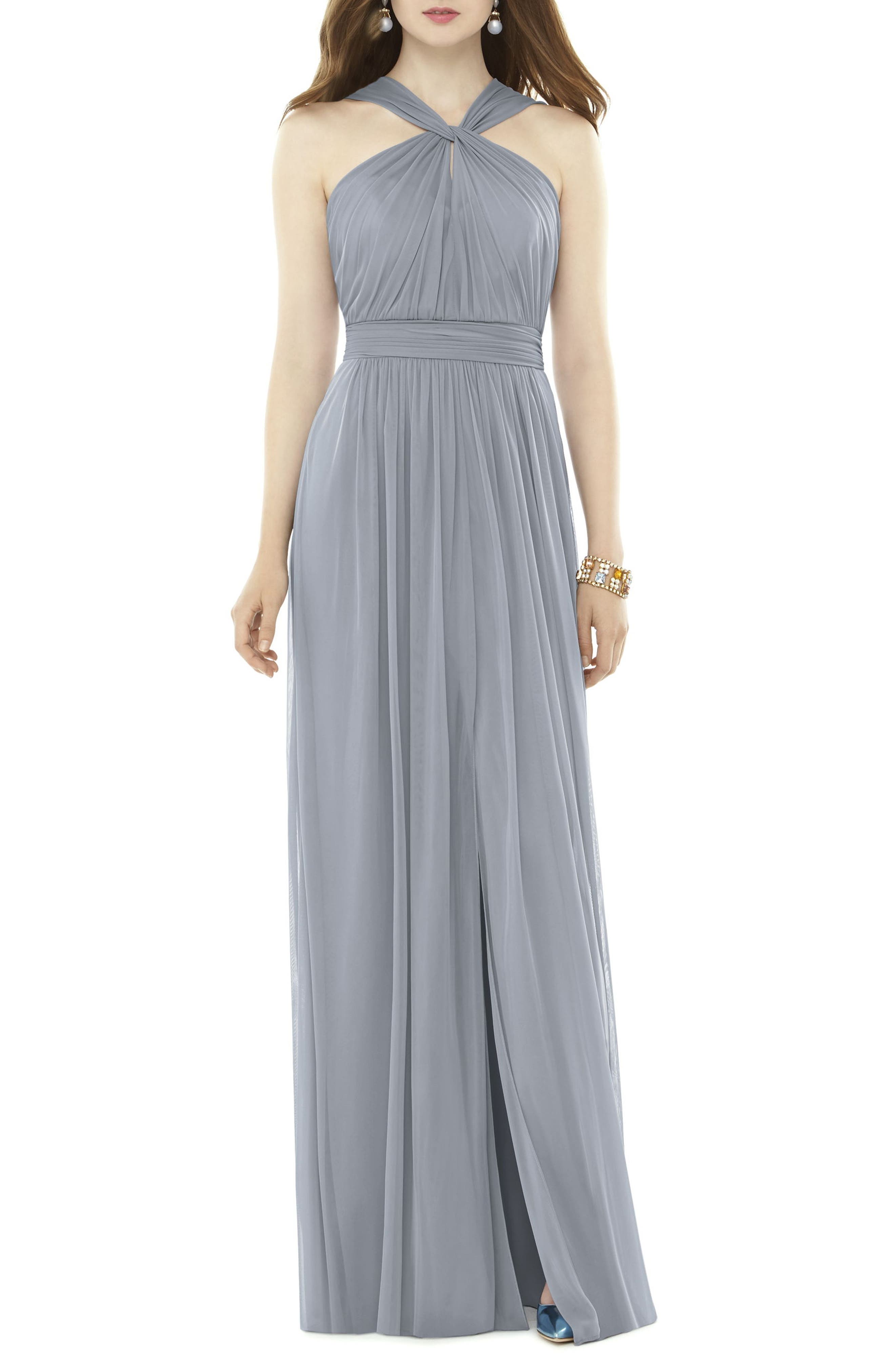 Alfred Sung Twist Neck Chiffon Knit Gown, Grey