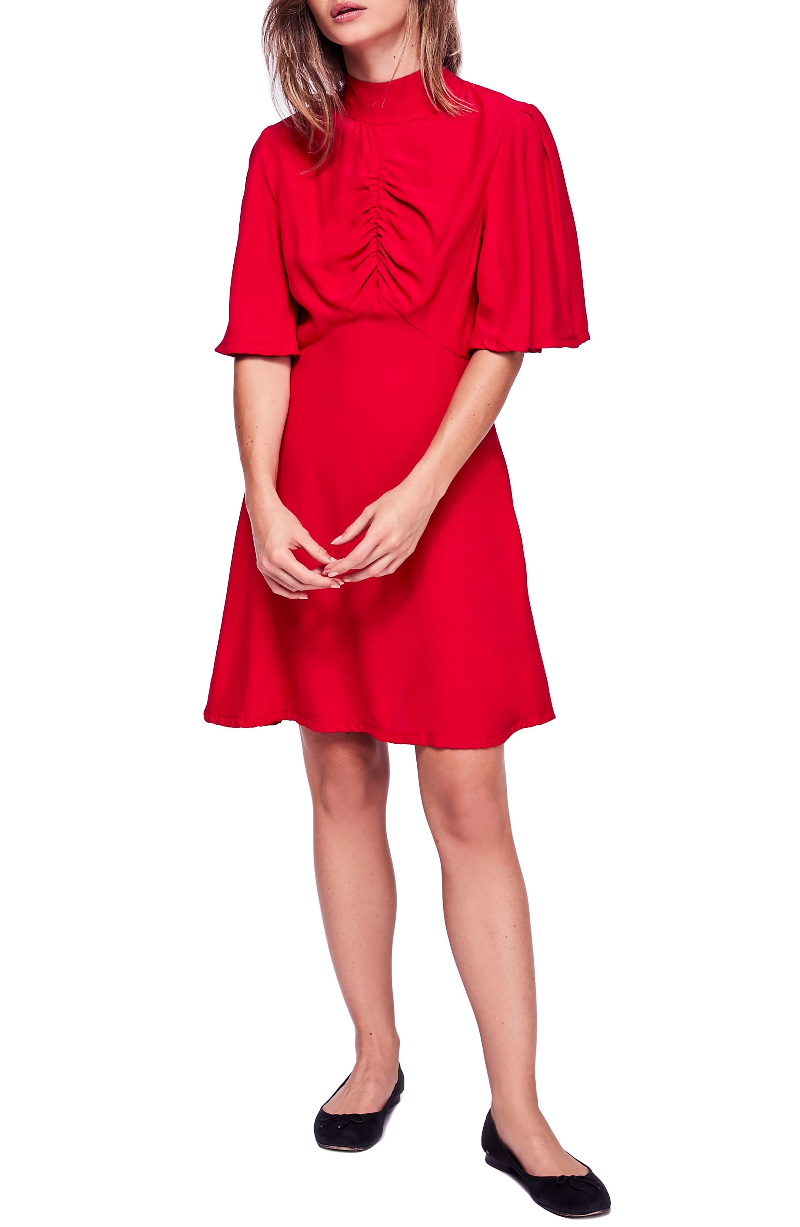 Free People Be My Baby Ruched Front Elbow Sleeve Dress, Red