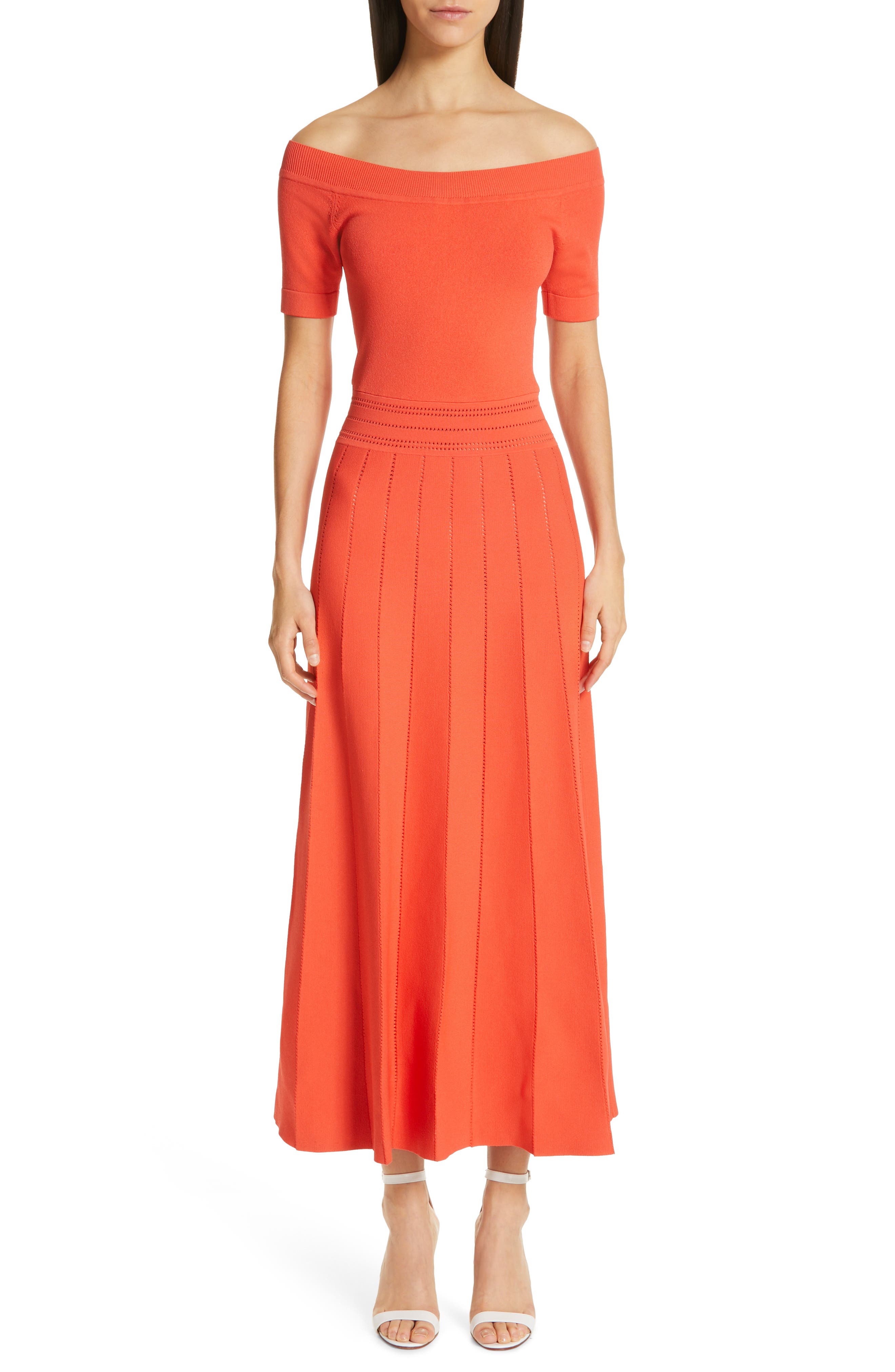Lela Rose Pointelle Knit Off The Shoulder Dress, Coral