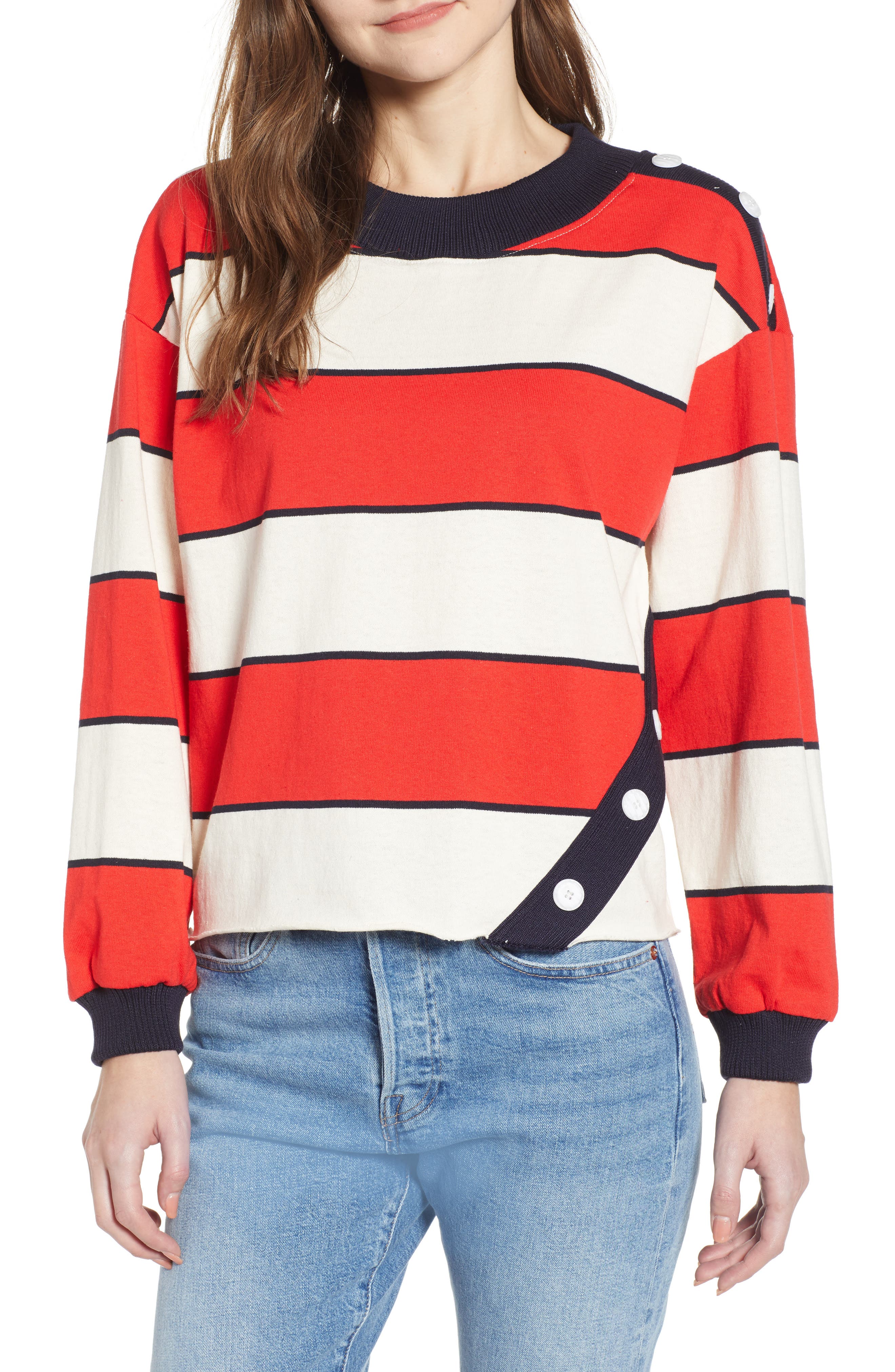 Moon River Stripe Cutoff Sweatshirt, Red