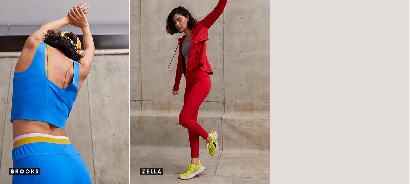 Woman in blue activewear set from Brooks. Woman in red active hoodie and tights and grey sports bra from Zella.