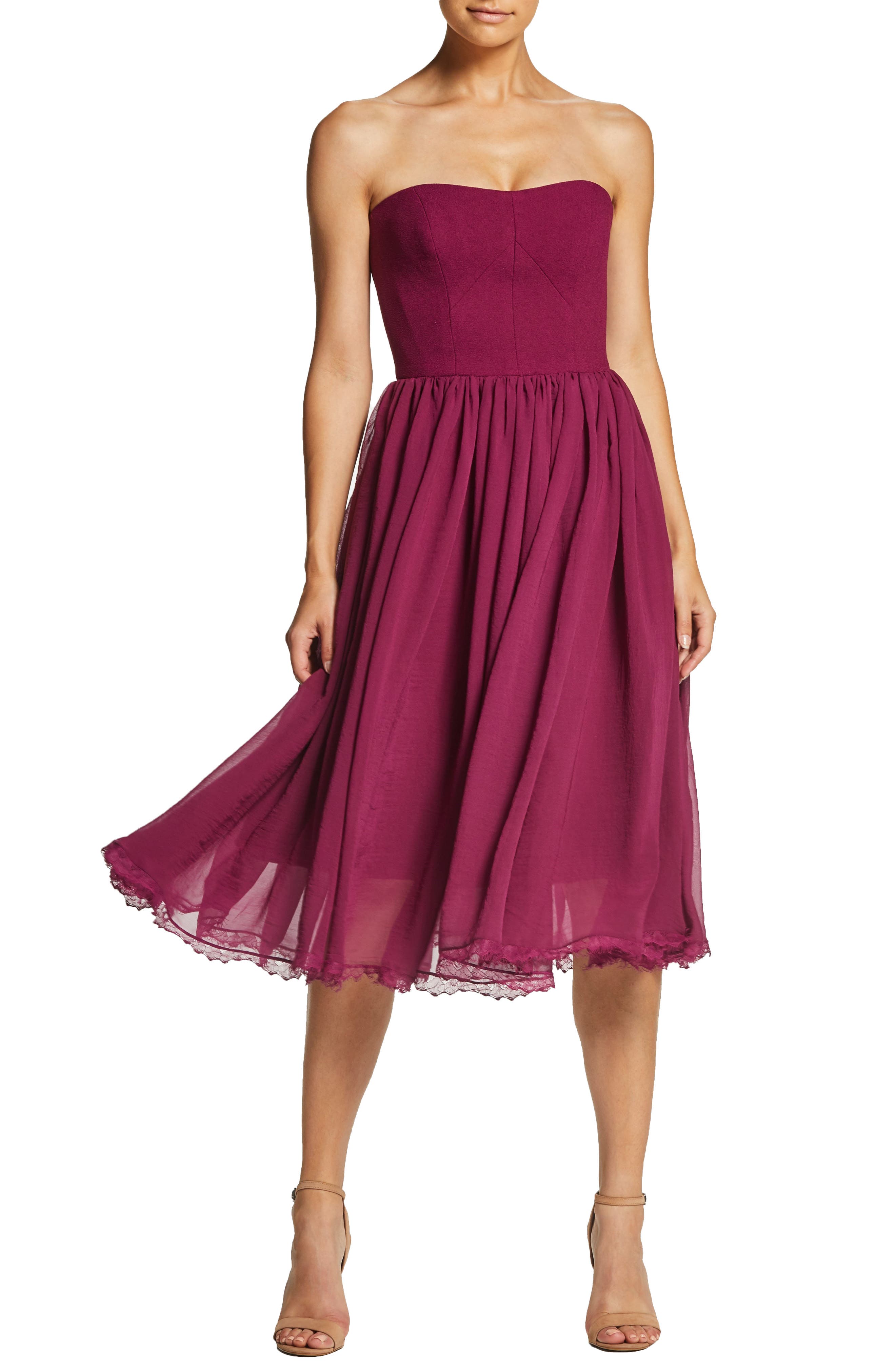 Dress The Population Willow Strapless Crepe Chiffon Cocktail Dress, Pink