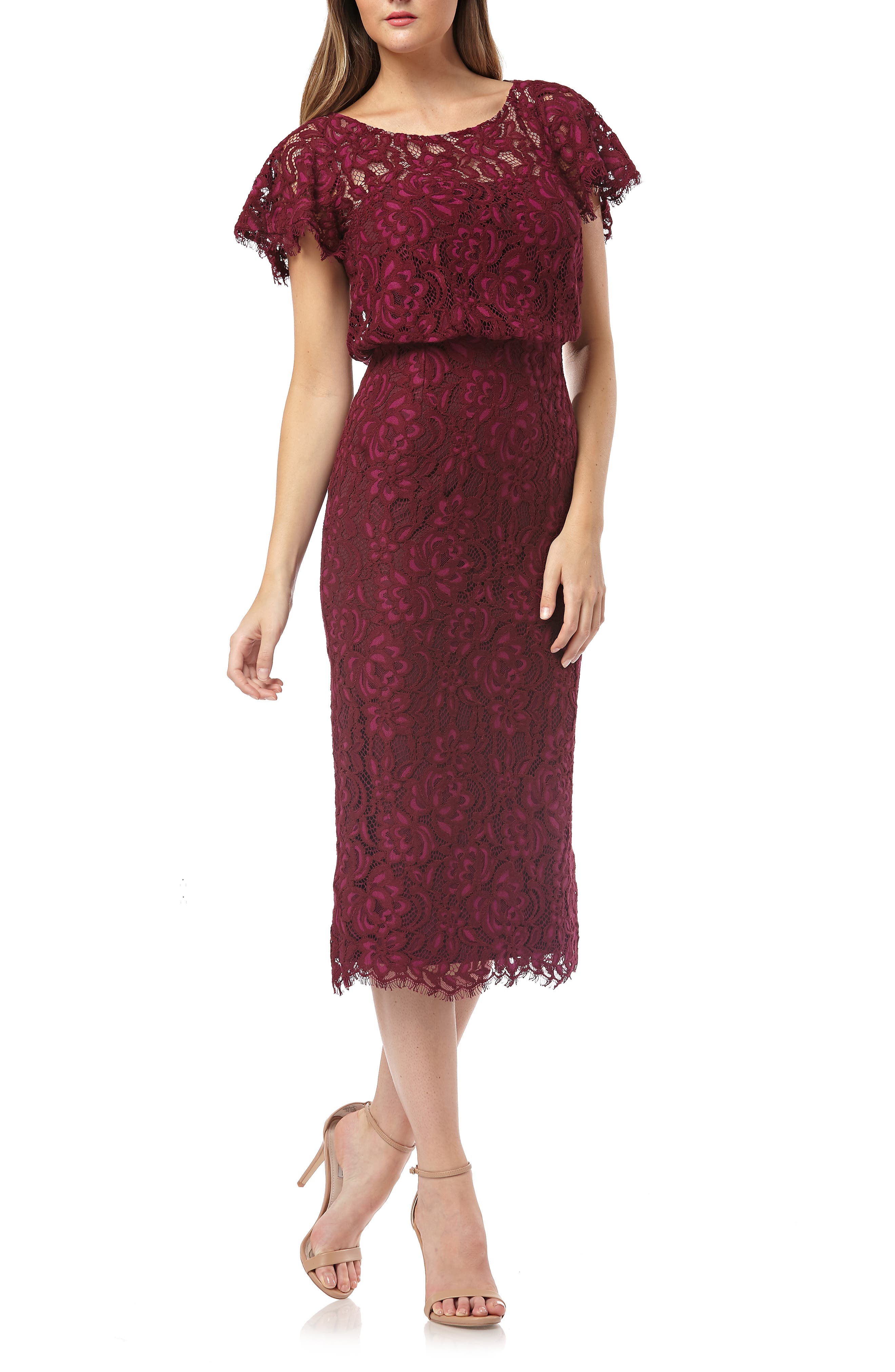 Js Collections Embroidered Lace Blouson Cocktail Dress, Red