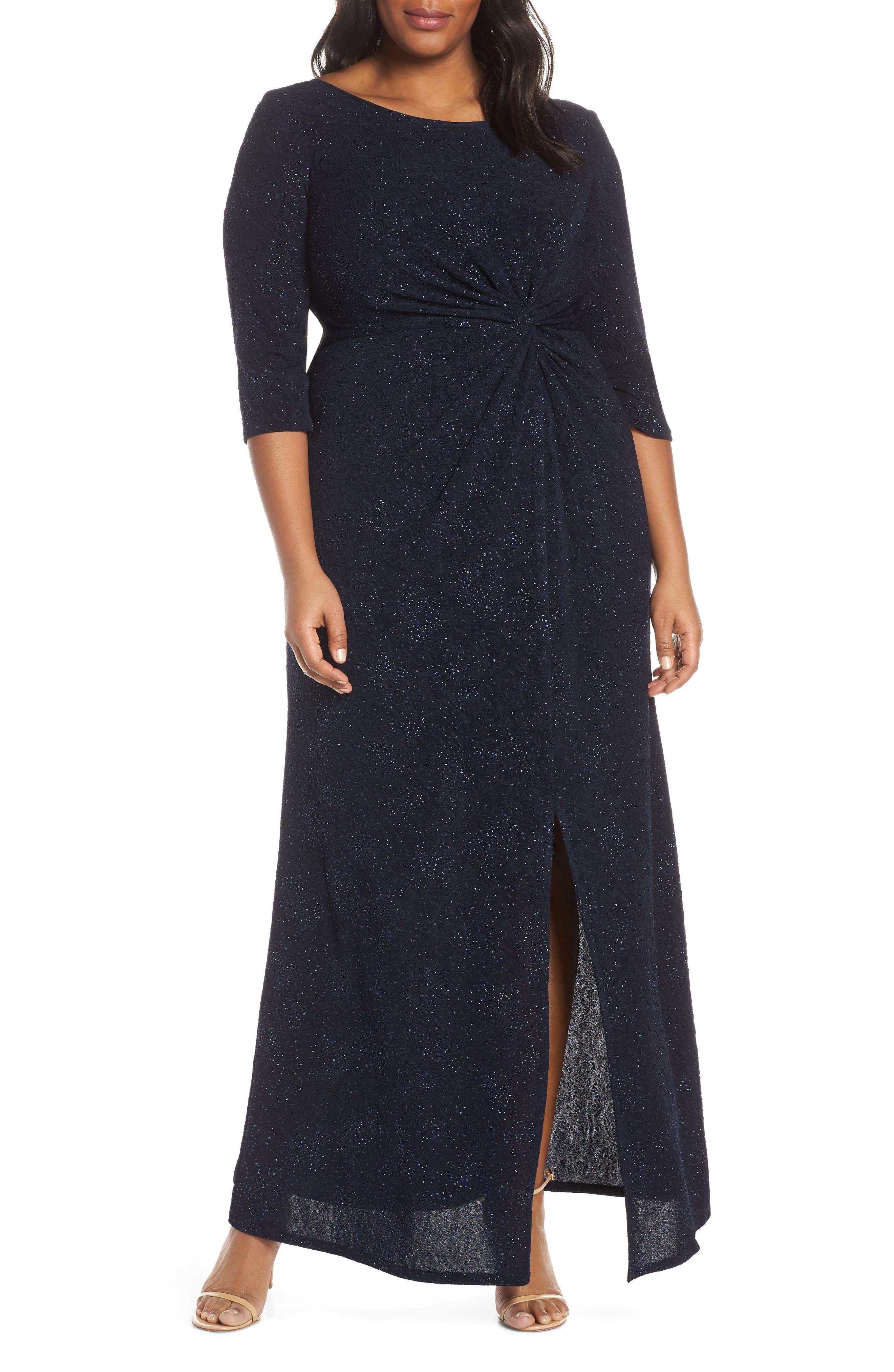 Plus Size Alex Evenings Knot Front Sequin Jacquard Evening Dress, Blue