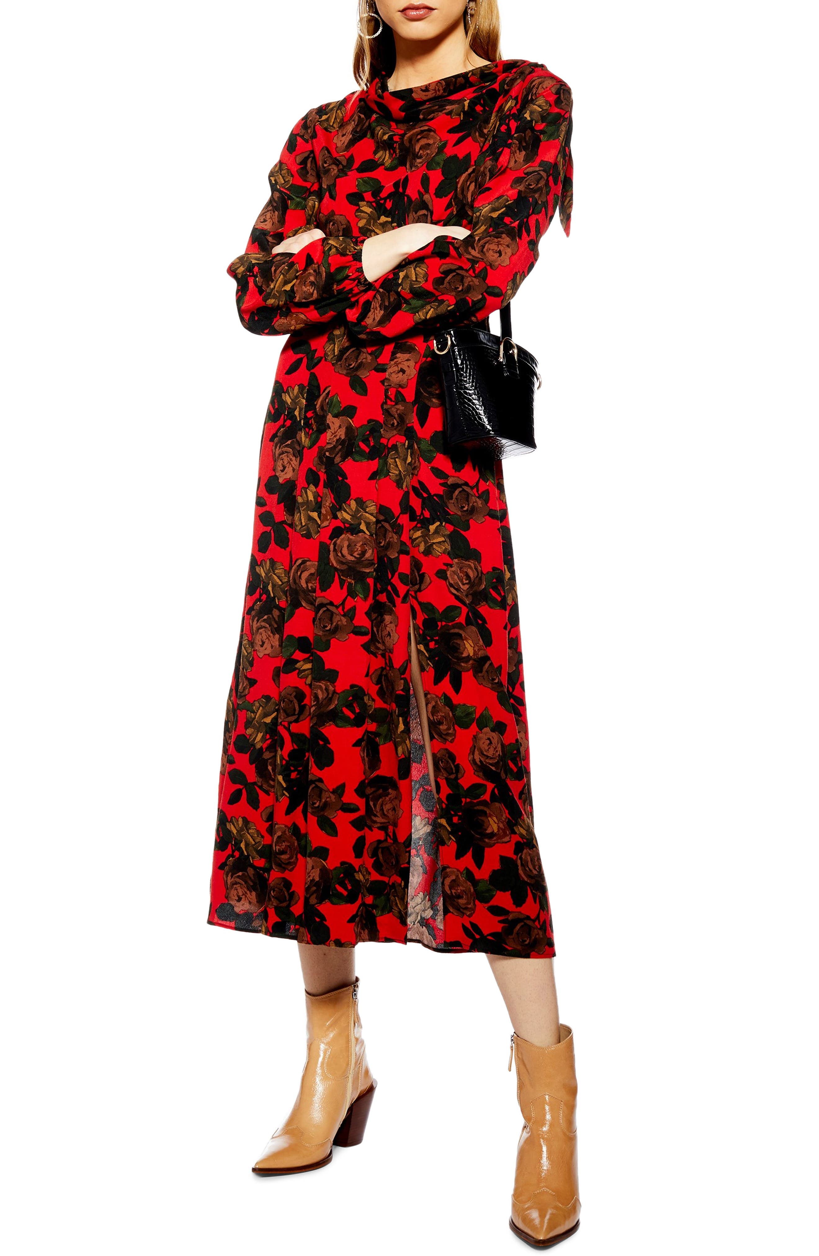 Topshop Rose Cut Tie Neck Midi Dress, US (fits like 0) - Red