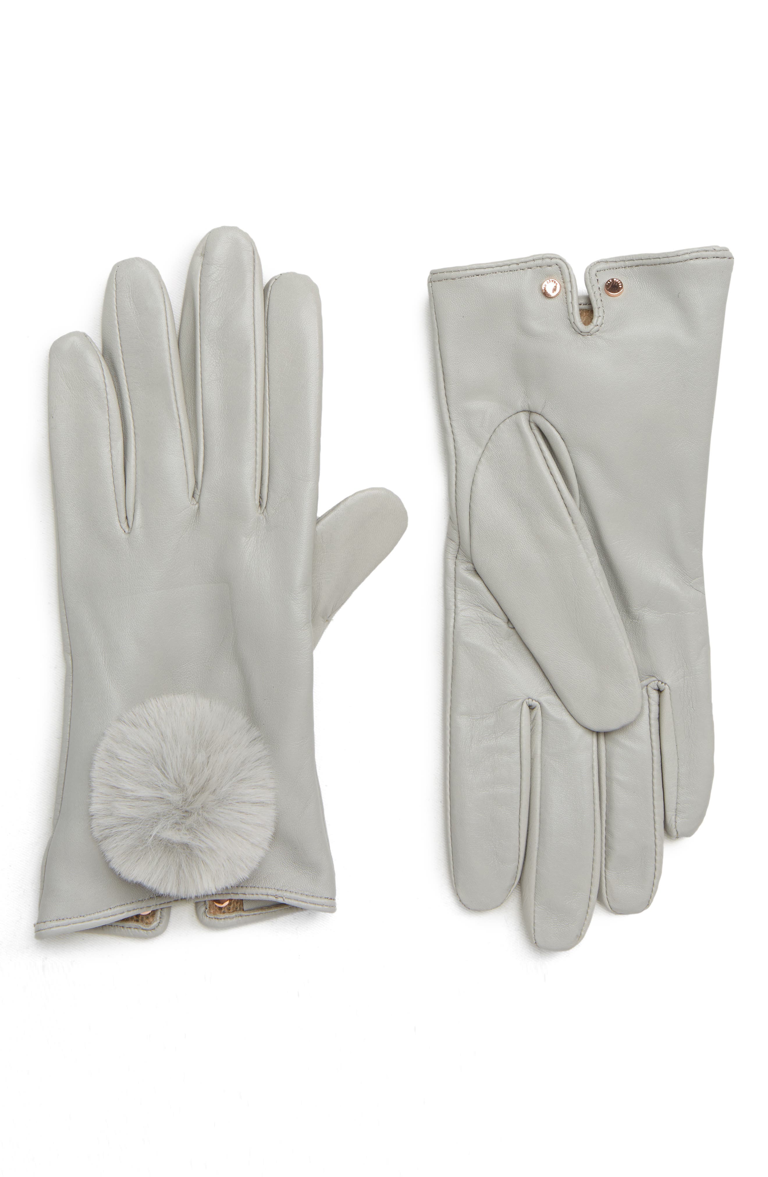 Ted Baker London Pom Leather Touchscreen Gloves, Grey