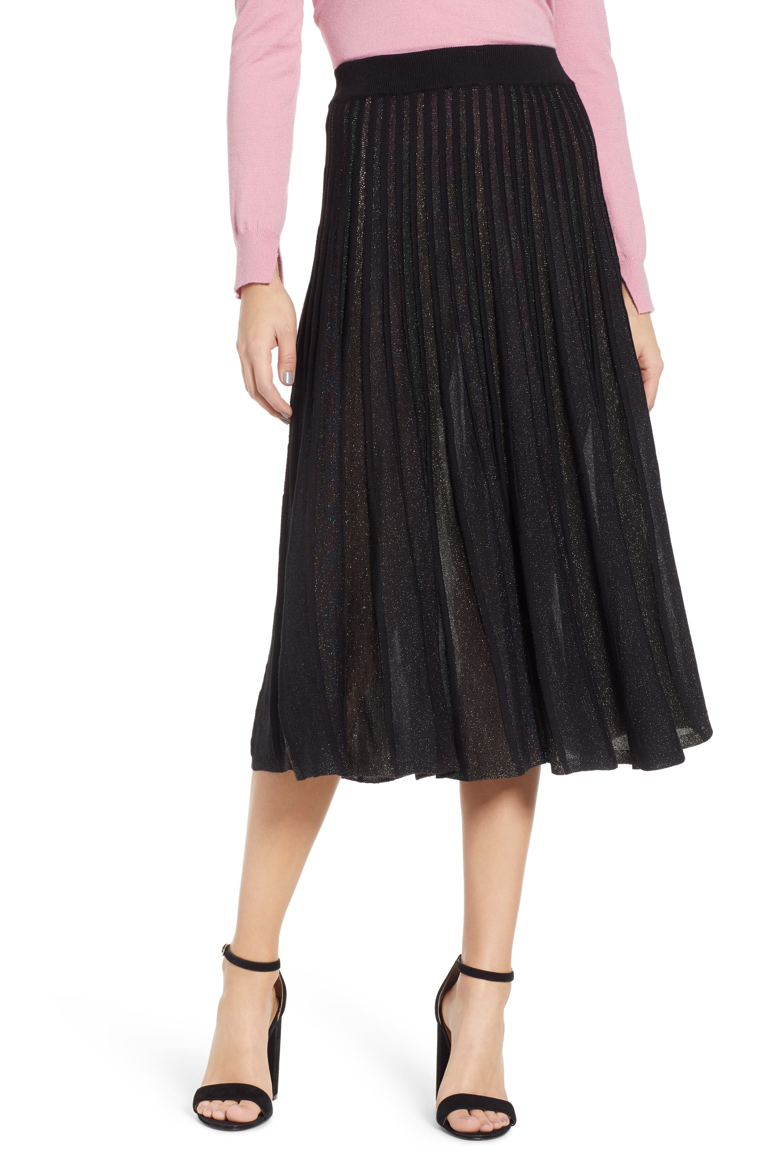 Prima Sparkle Pleated Midi Skirt, Black