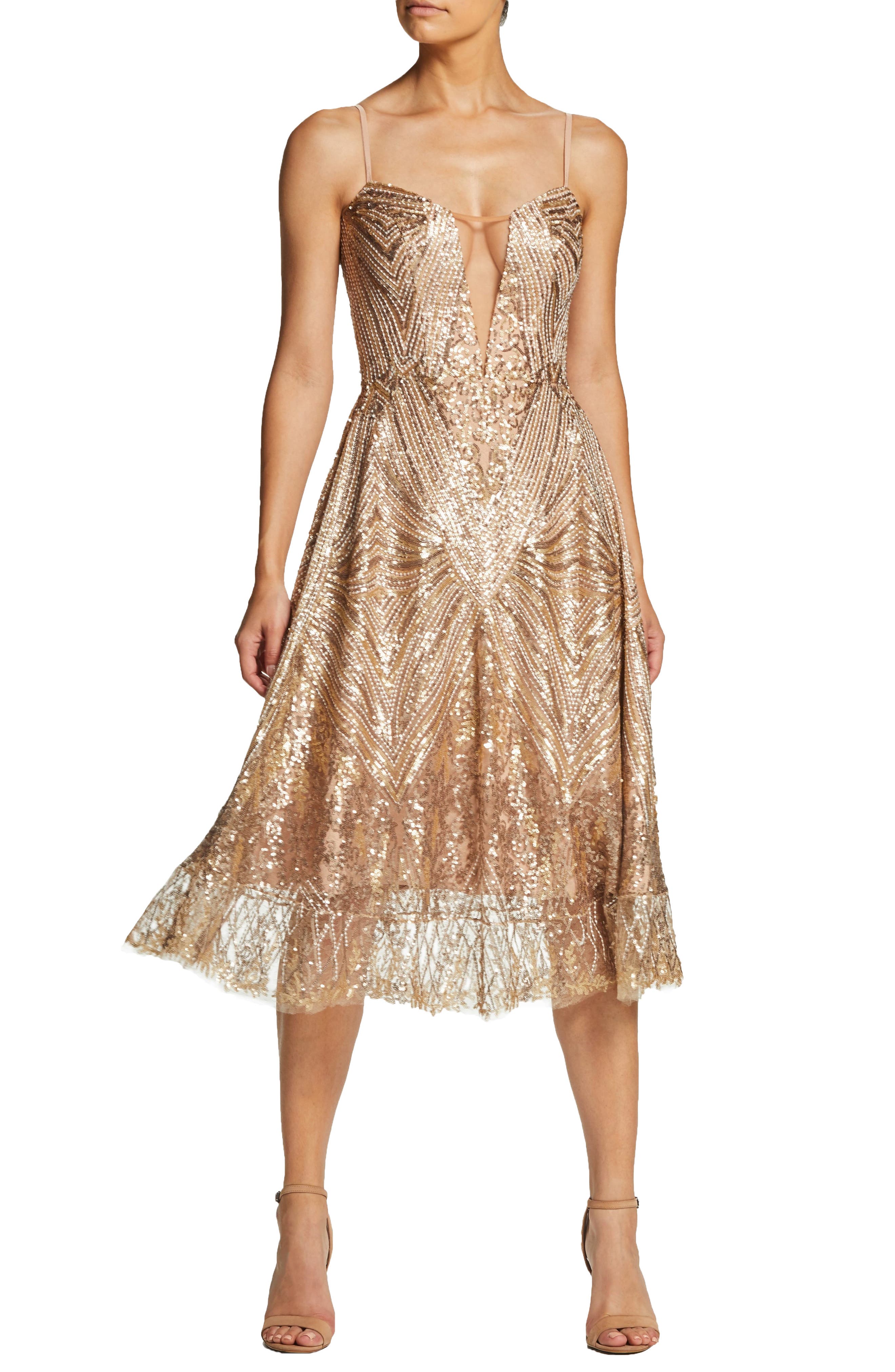 Dress The Population Leona Art Deco Sequin Fit & Flare Dress, Metallic