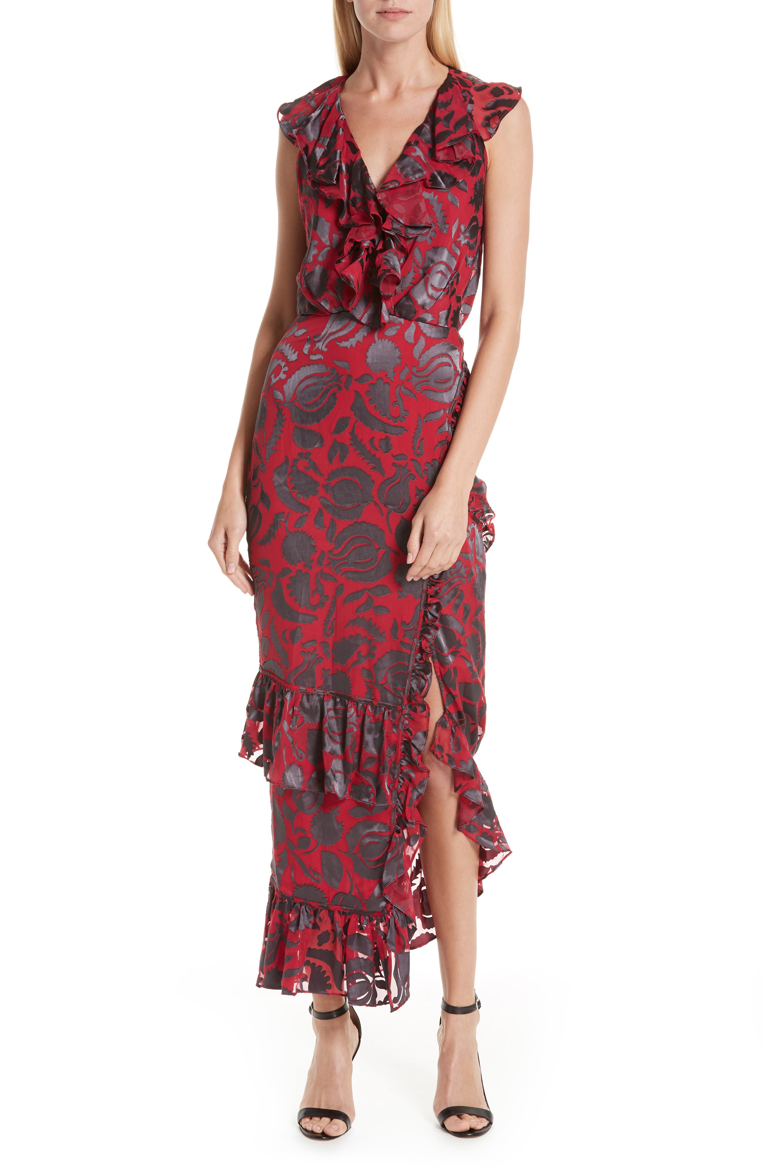 Saloni Anita Ruffle Trim Silk Burnout Dress, Black