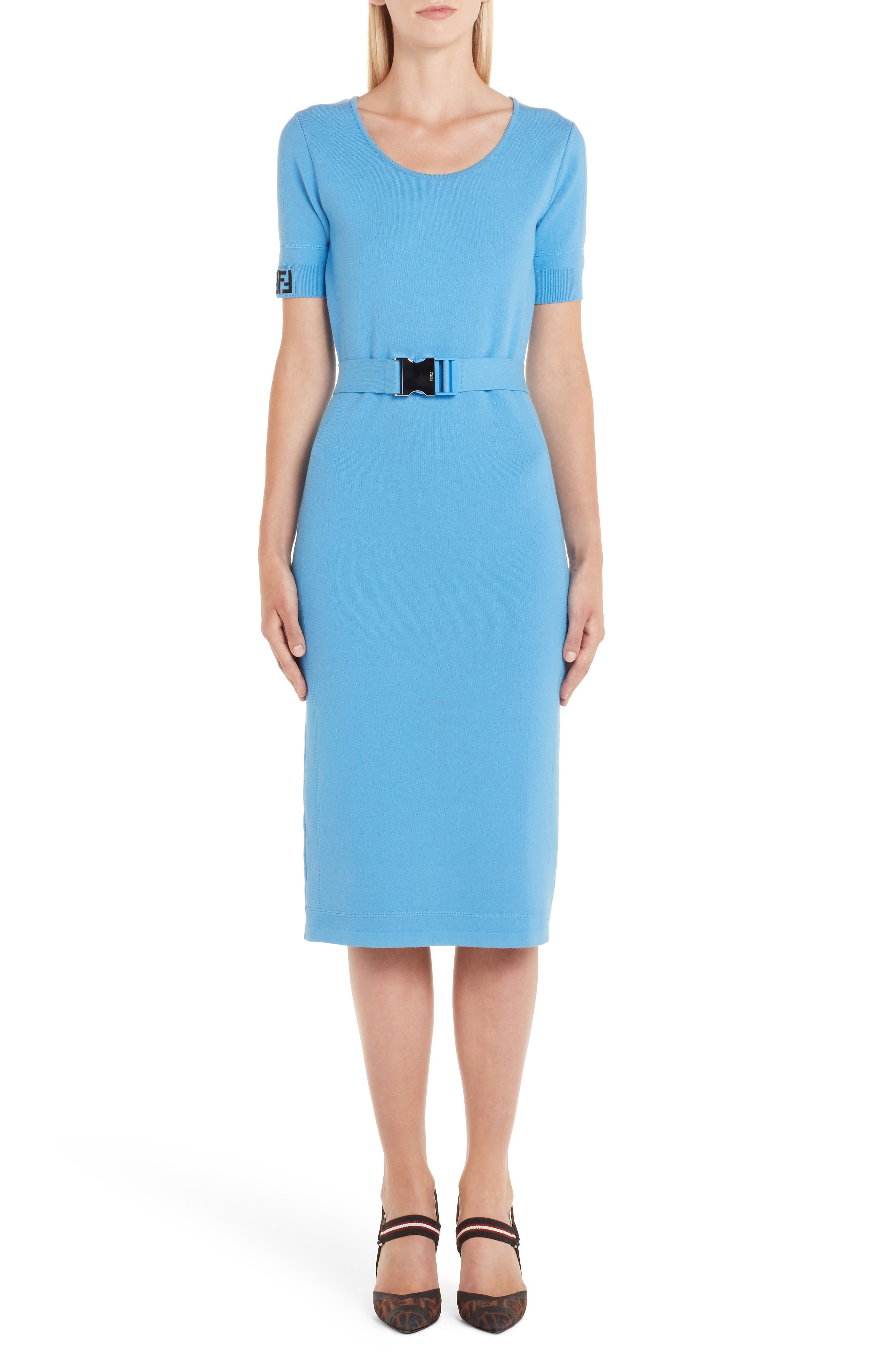 Fendi Belted Logo Dress, US / 46 IT - Blue