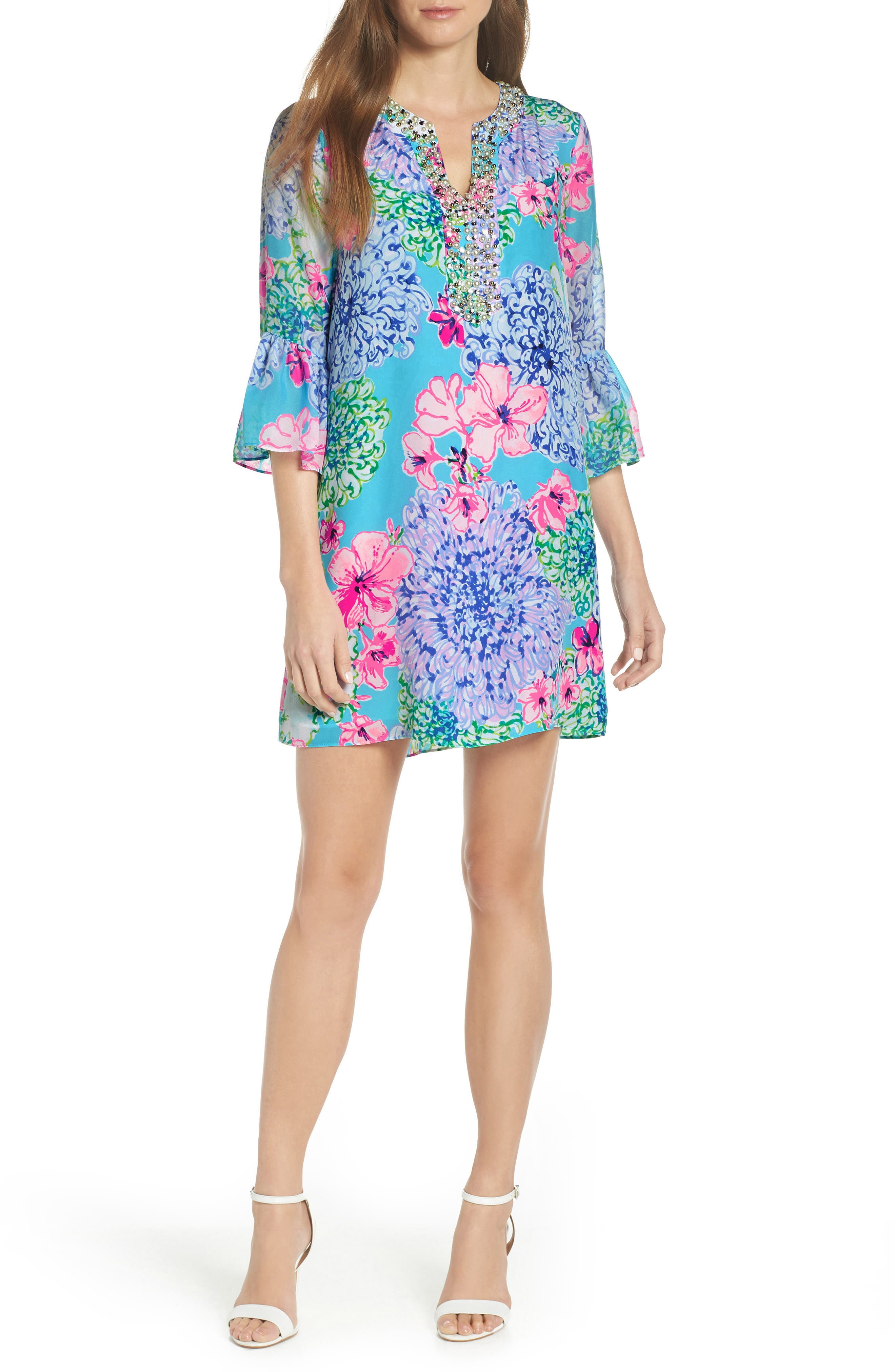 Lilly Pulitzer Elenora Floral Embellished Silk Dress, Blue