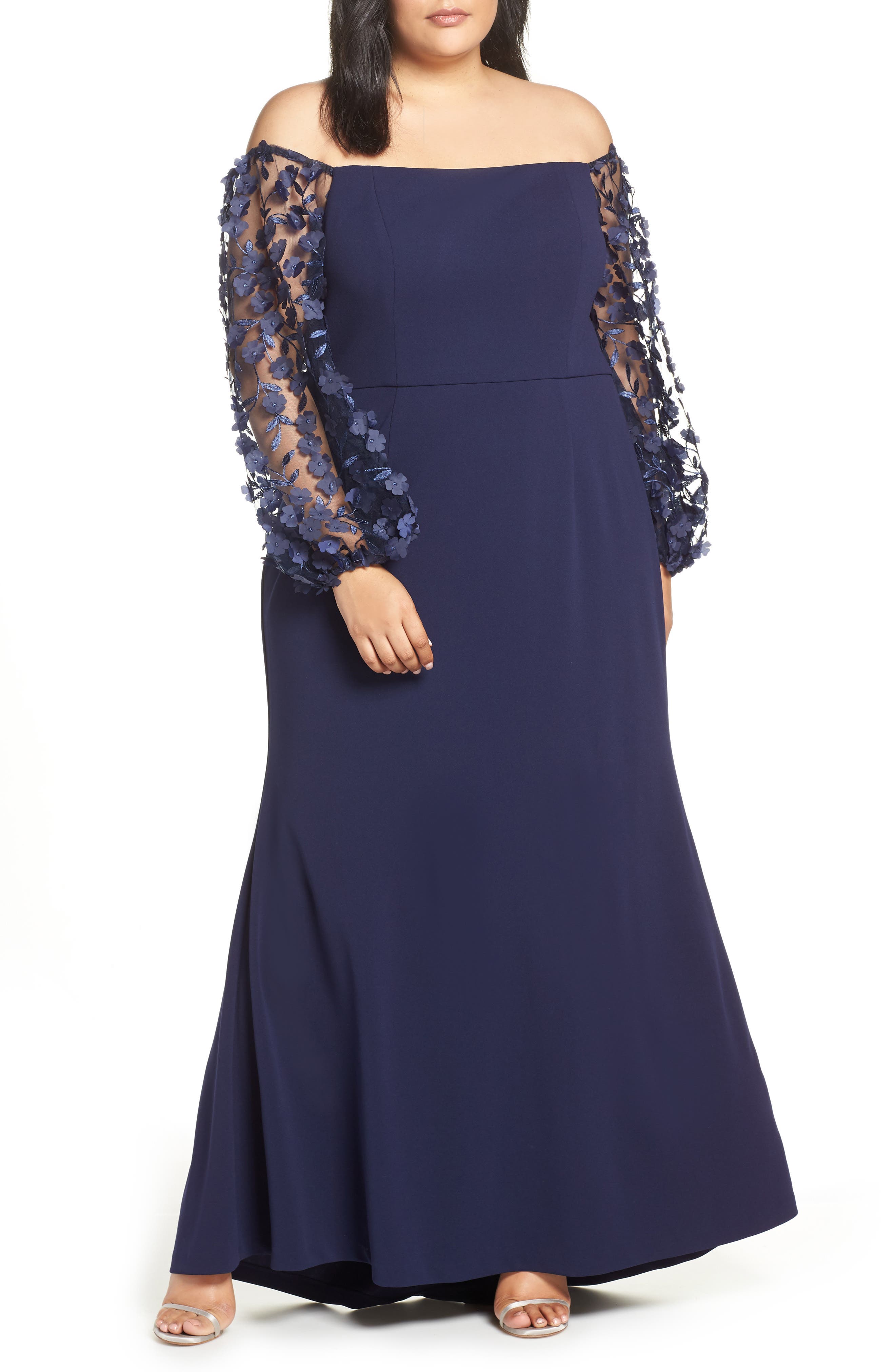 Plus Size Eliza J Off The Shoulder 3D Floral Sleeve Scuba Crepe Evening Dress, Blue
