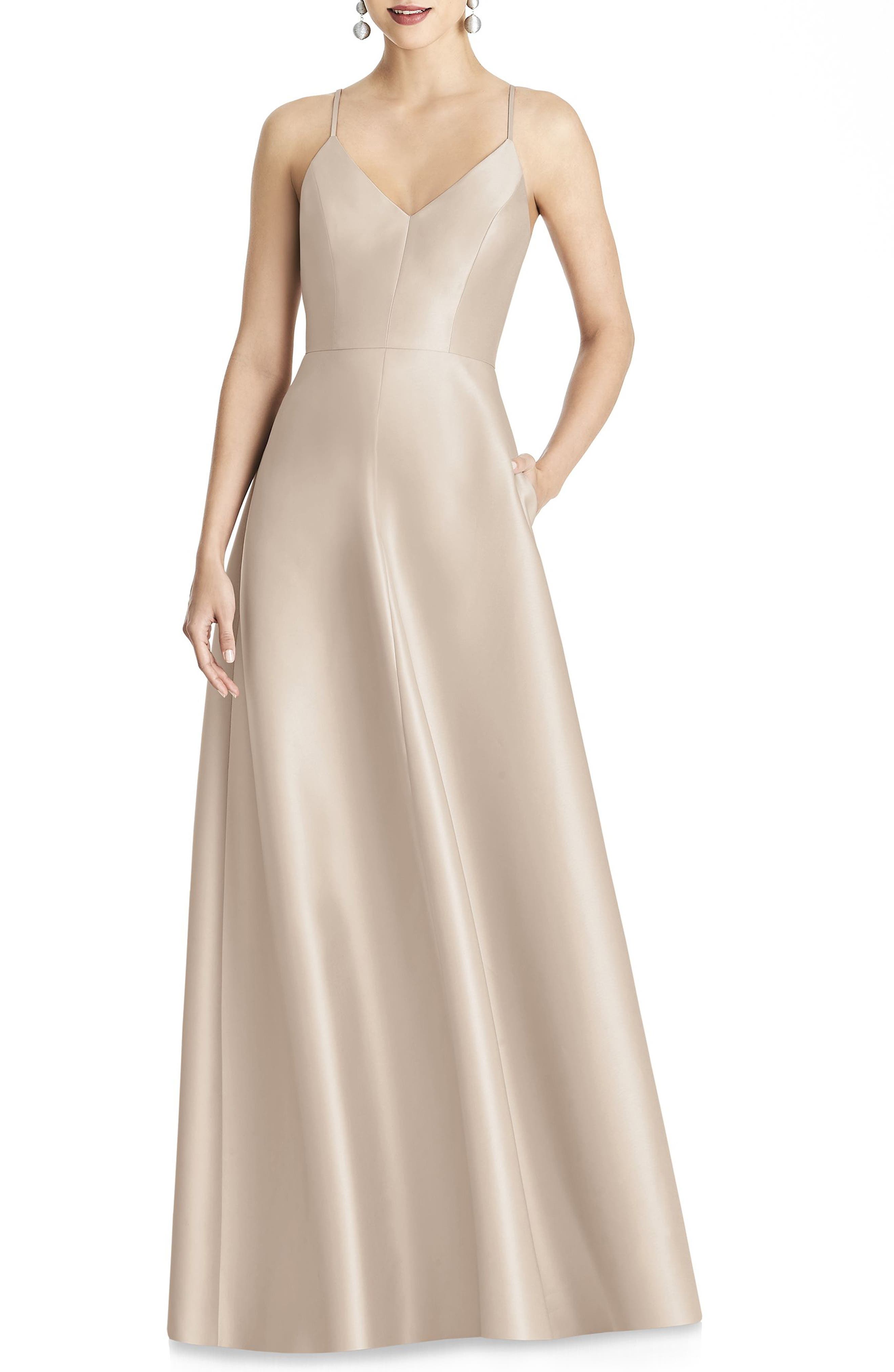 Alfred Sung Strappy Sateen A-Line Gown, Beige