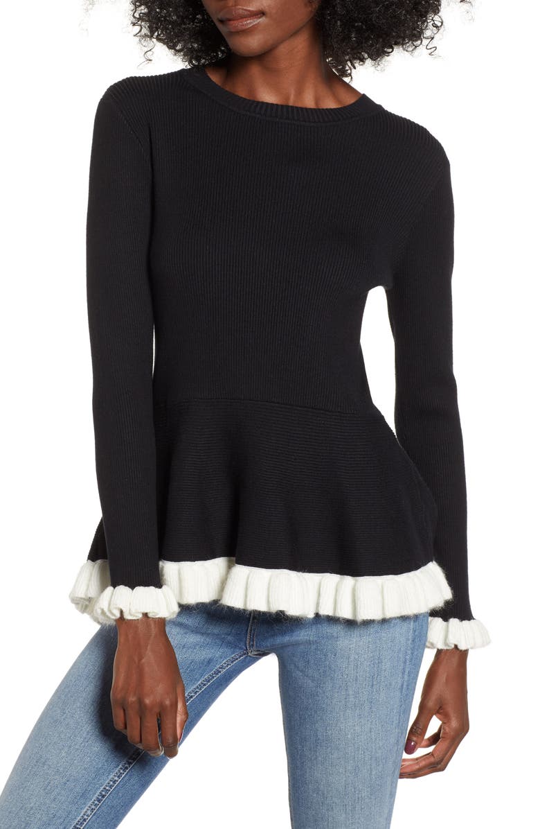 High/Low Peplum Sweater, Main, color, BLACK