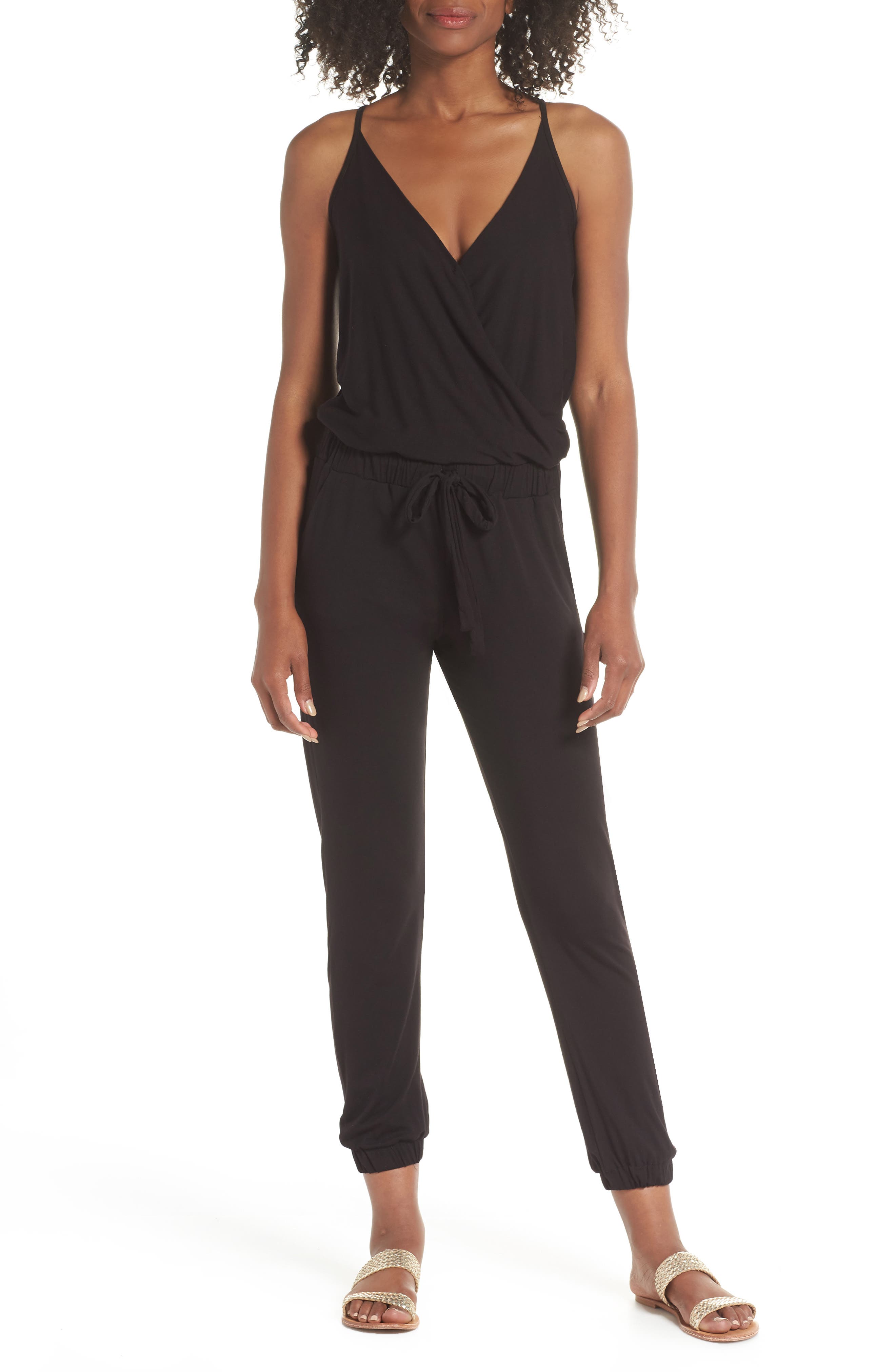Elan Surplice Cover-Up Jumpsuit, Black