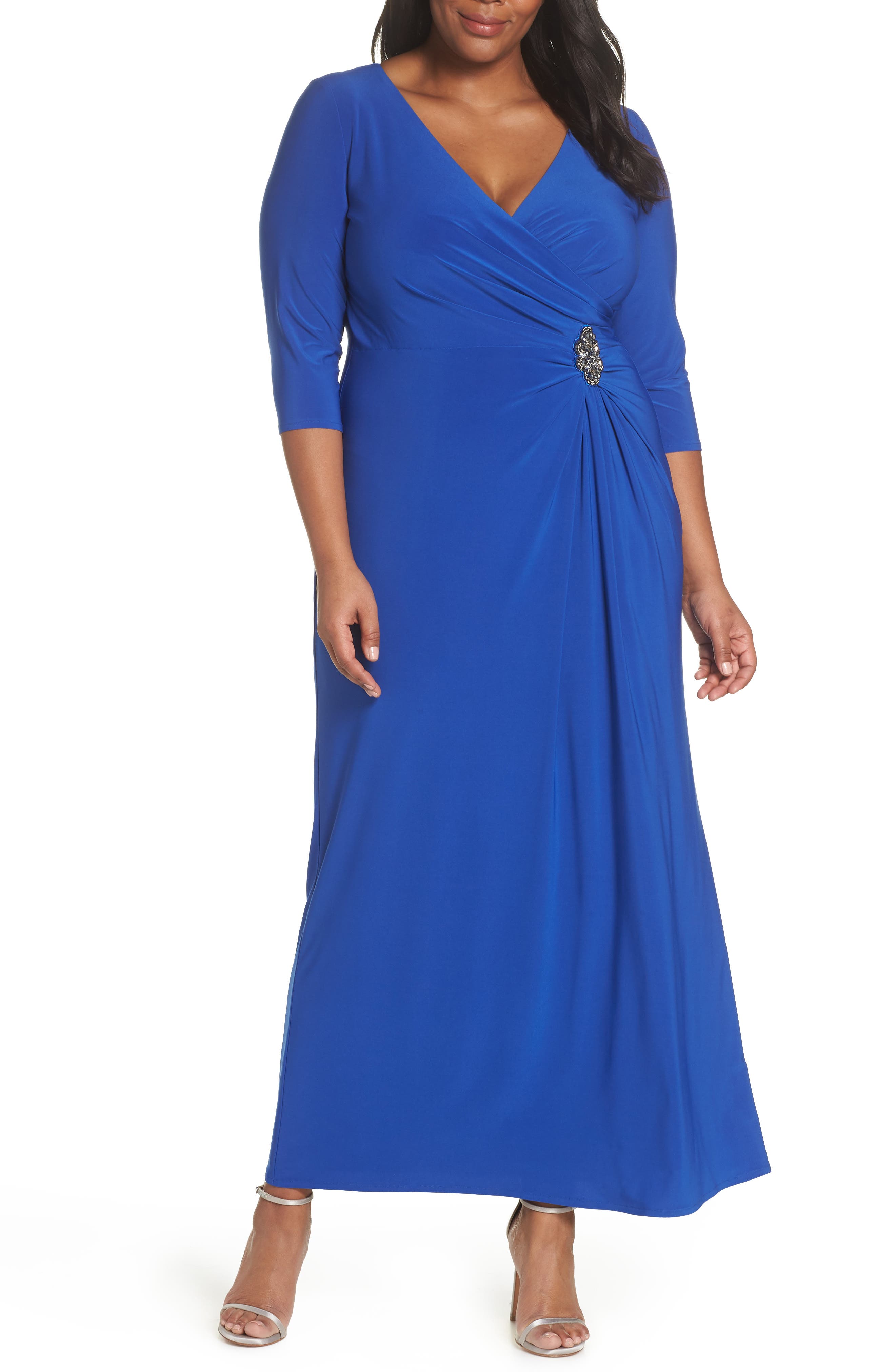 Plus Size Alex Evenings Wrap Look A-Line Gown, Blue