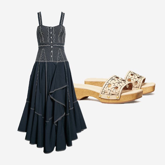 A navy ruffled dress and wooden heels with a basket-weave design on the top.