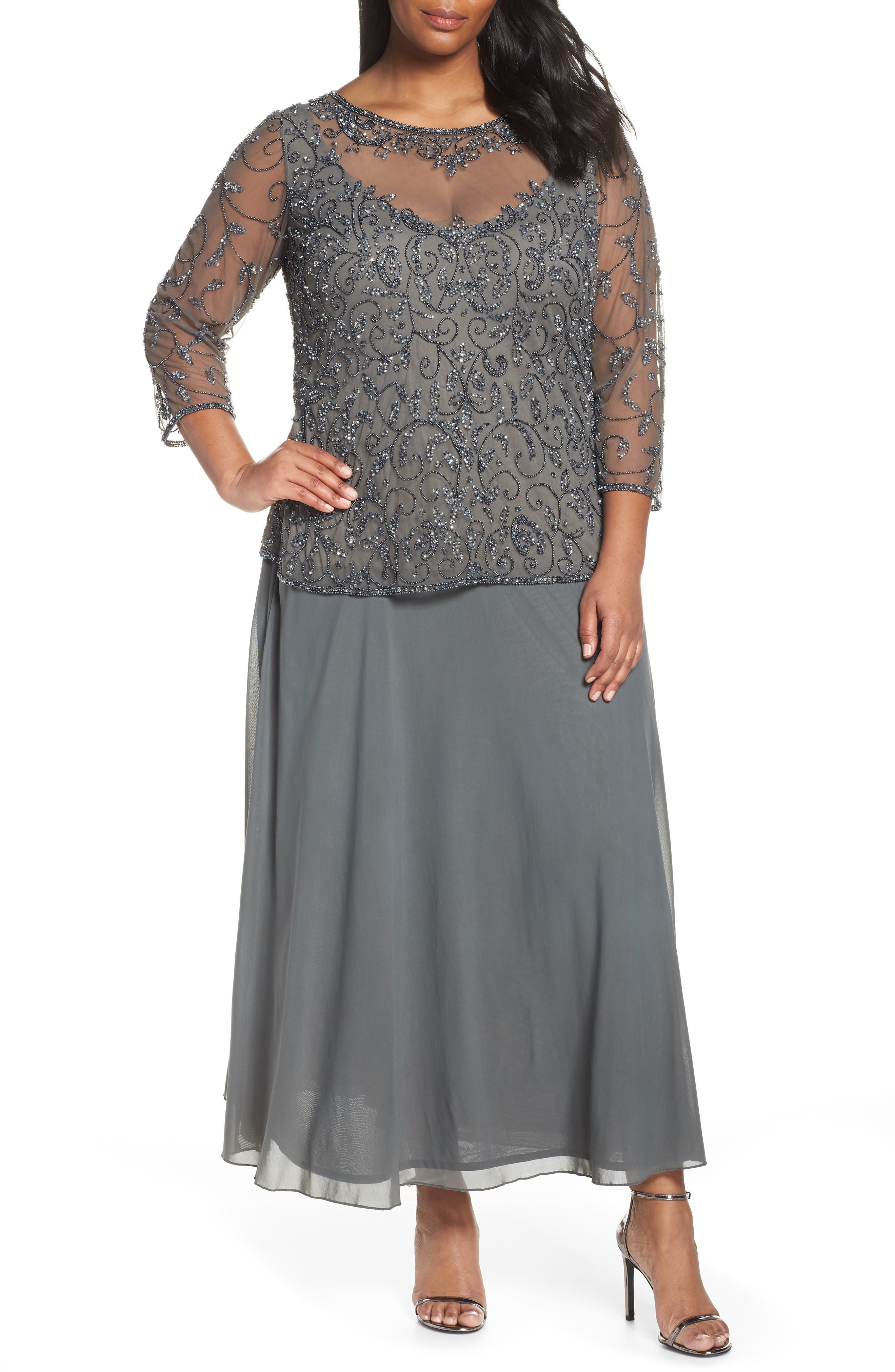Plus Size Pissaro Nights Beaded Mesh Mock Two-Piece Gown, Grey