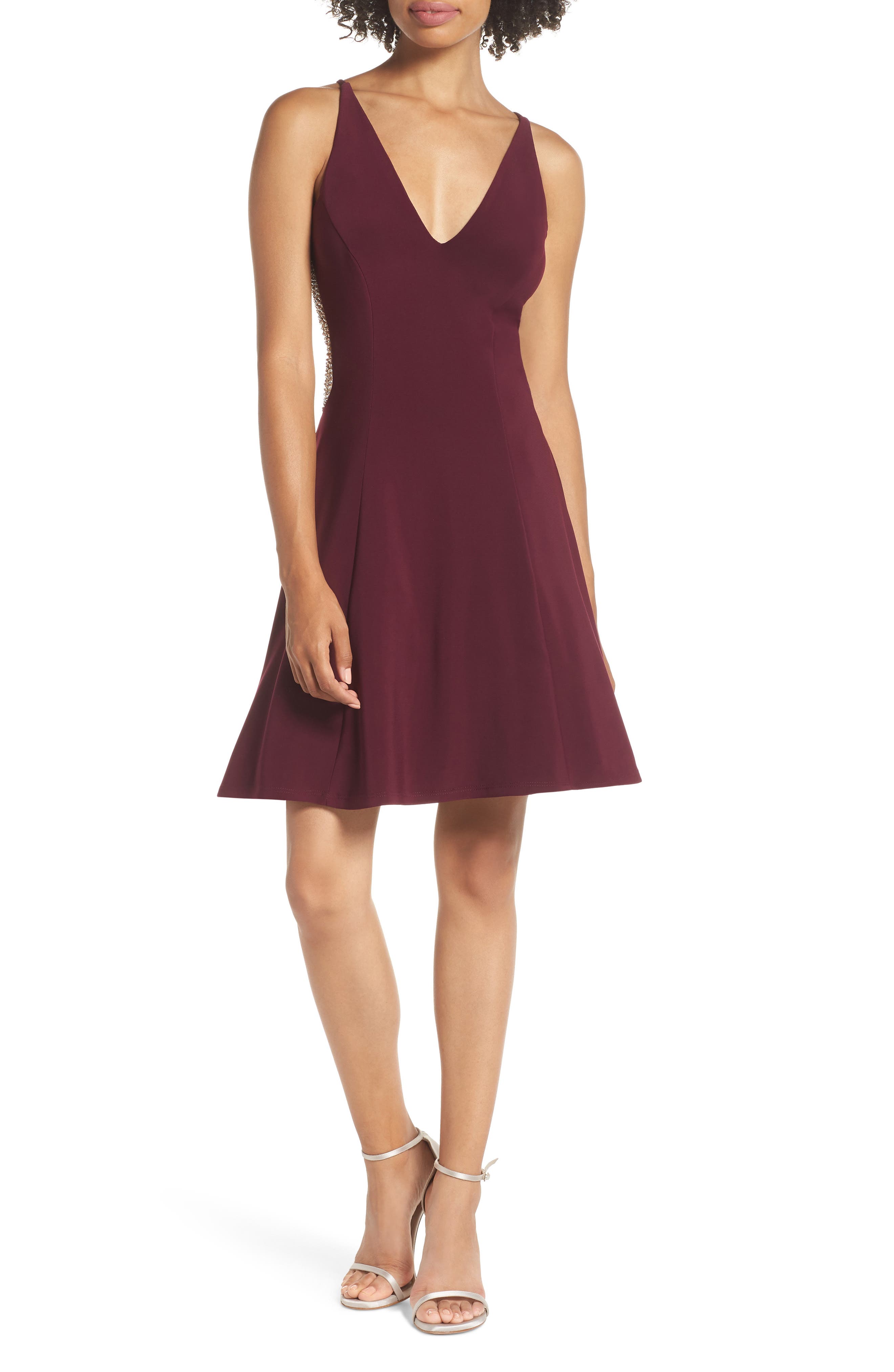 Xscape Deep V-Neck Skater Dress, Burgundy