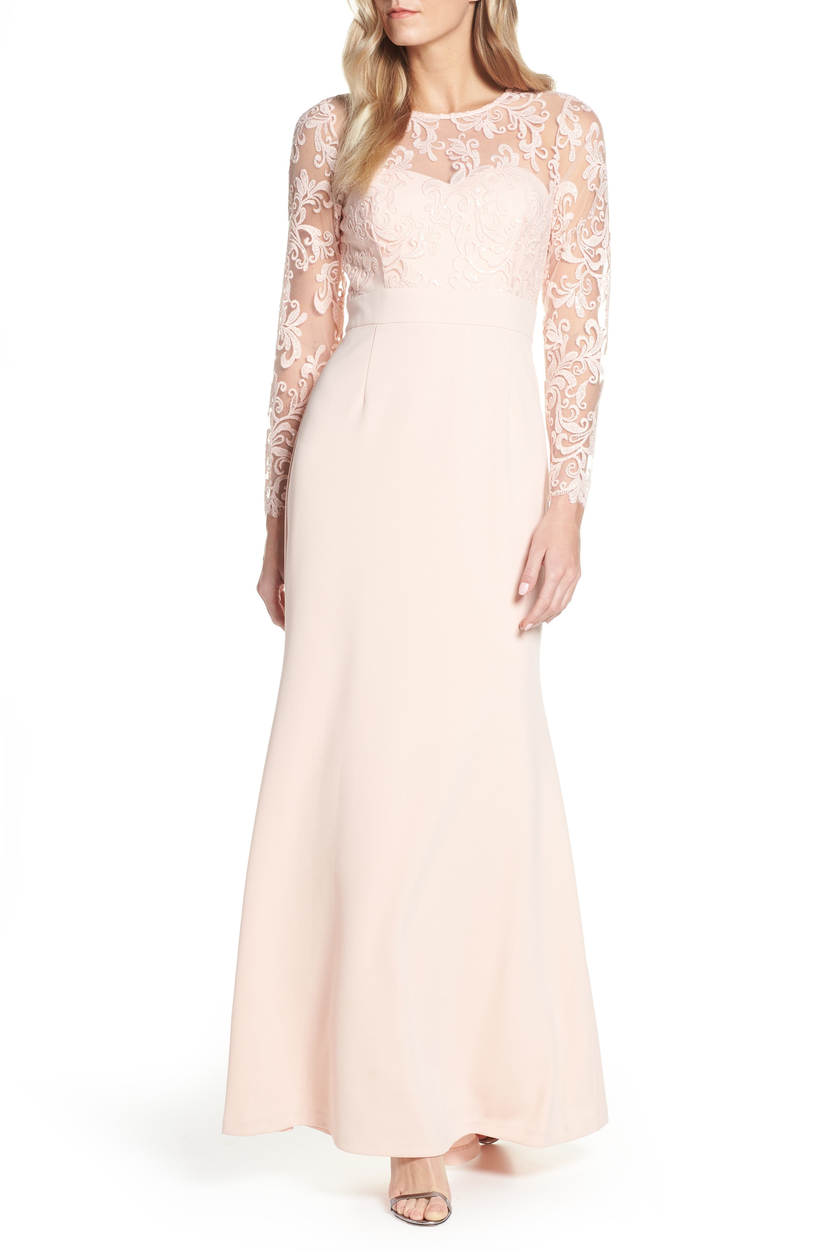Petite Eliza J Embroidered Bodice Crepe Evening Dress, Pink