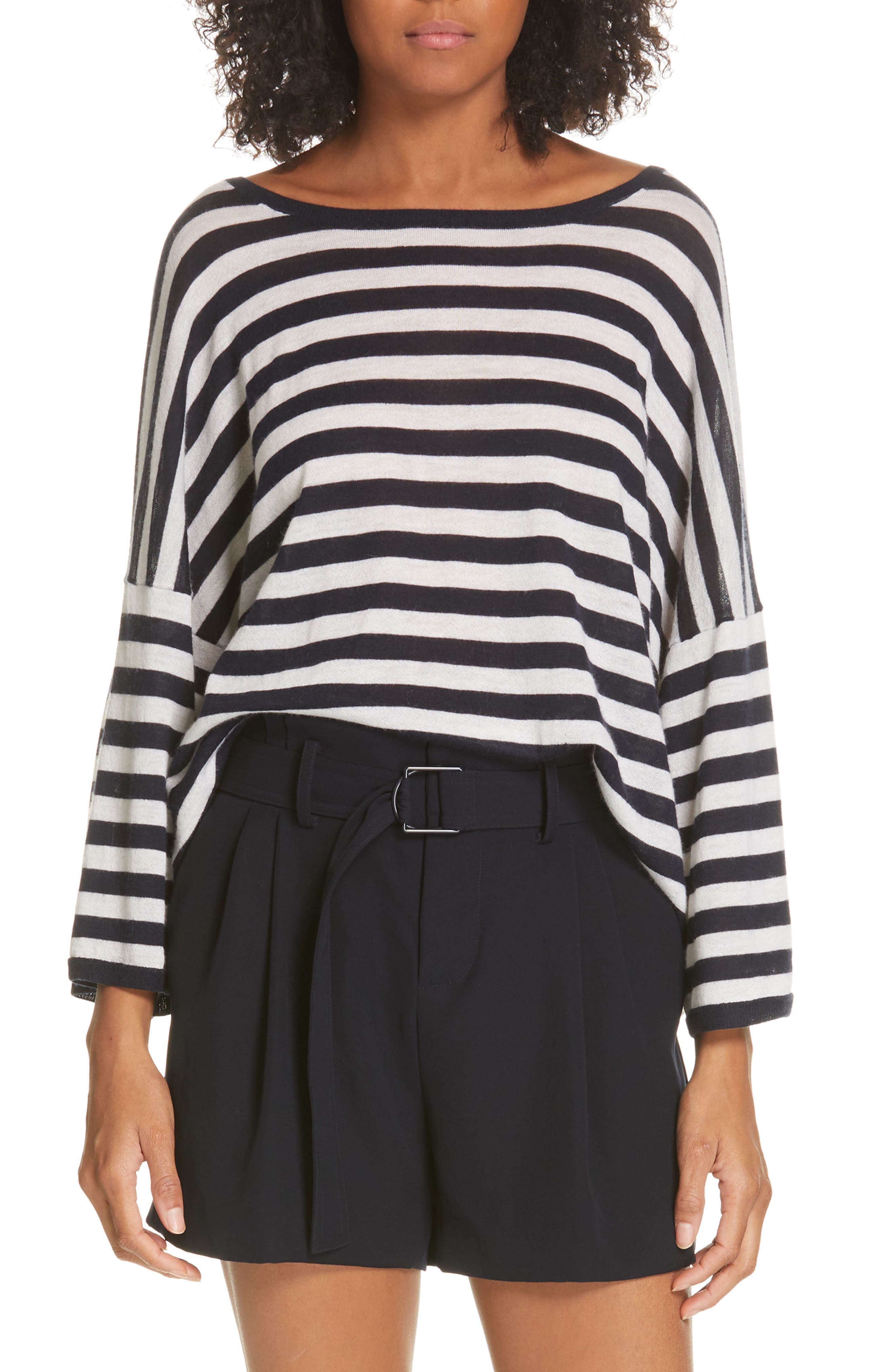 Vince Stripe Boxy Wool & Cashmere Sweater, Blue