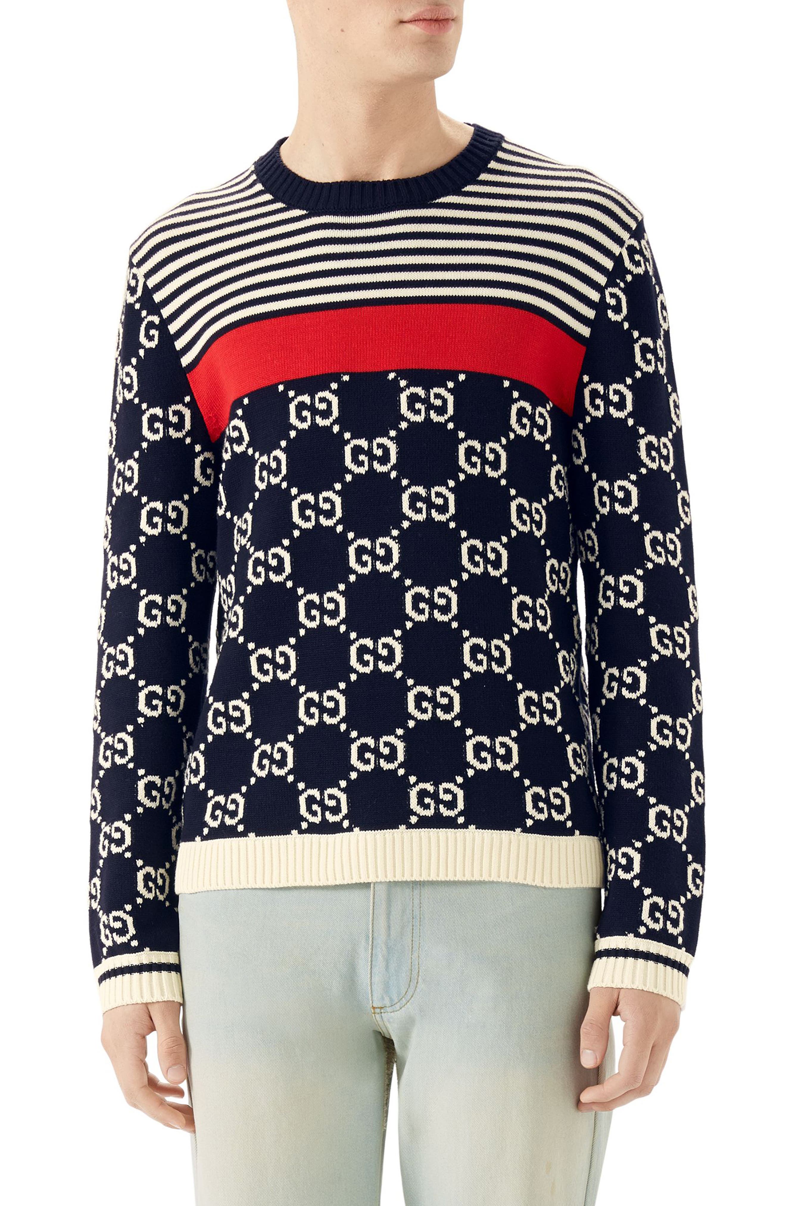 Gucci GgIntarsia And Stripe CrewNeck Sweater In Blue ModeSens