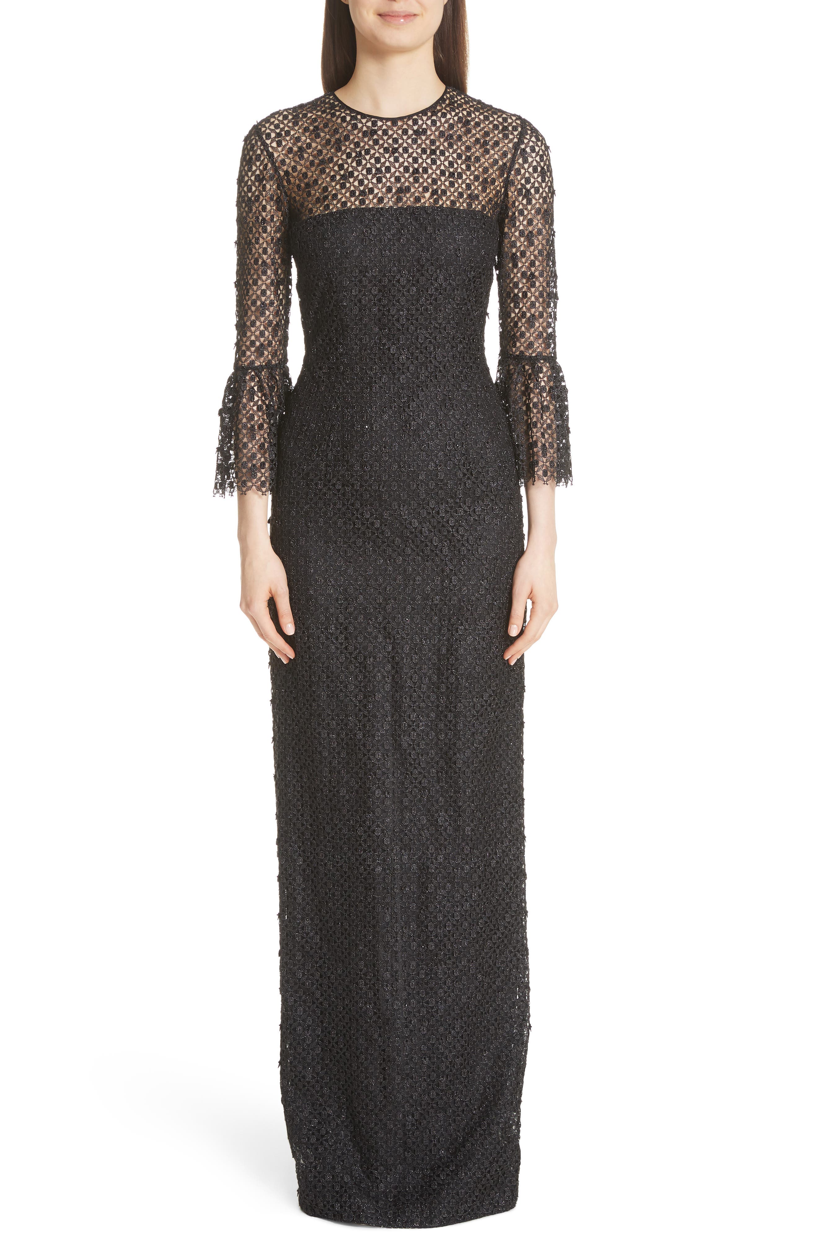 Carmen Marc Valvo Couture Bell Sleeve Lace & Crystal Gown