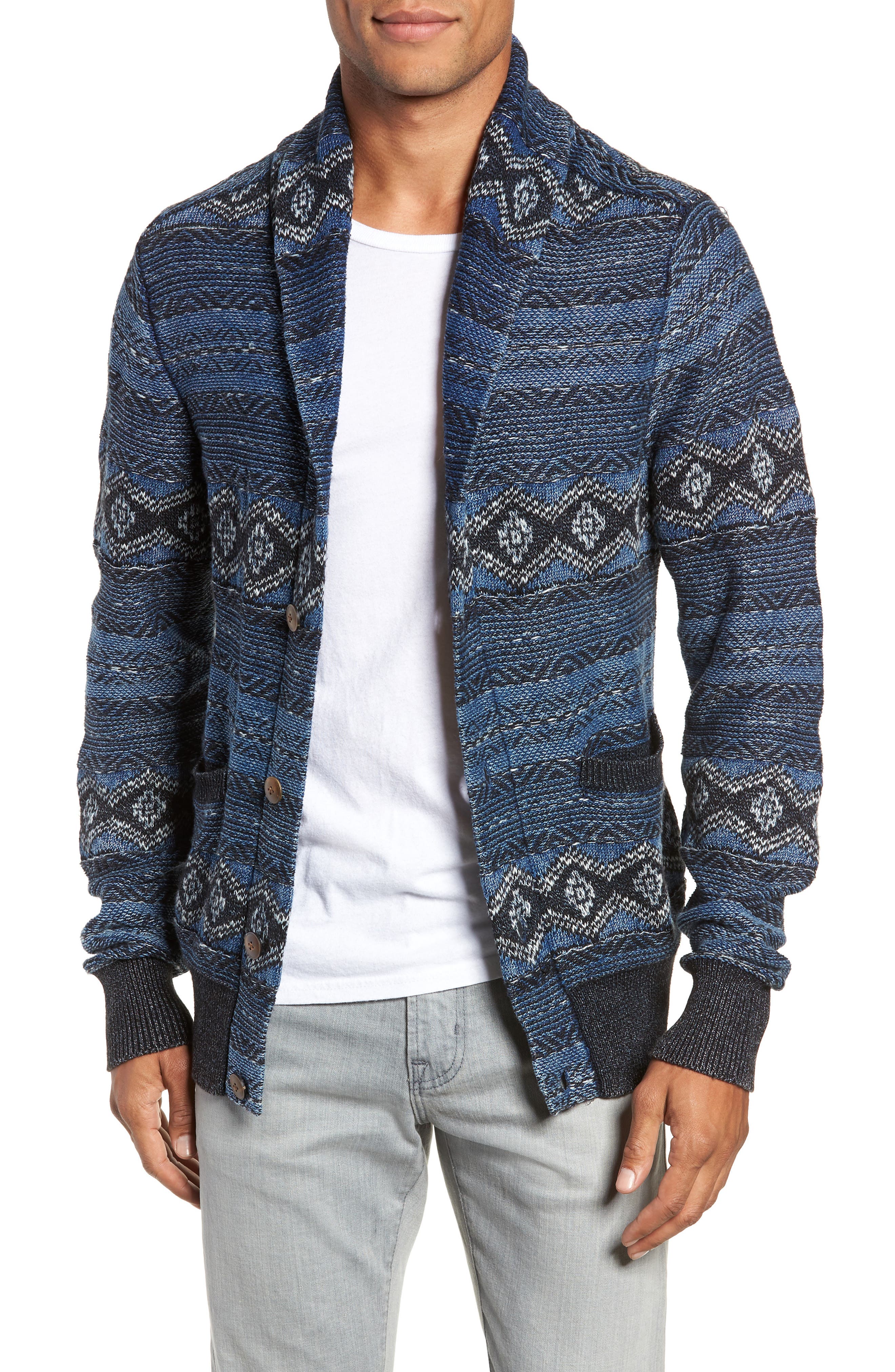 Faherty Indigo Shore Shawl Collar Wool Blend Cardigan, Blue