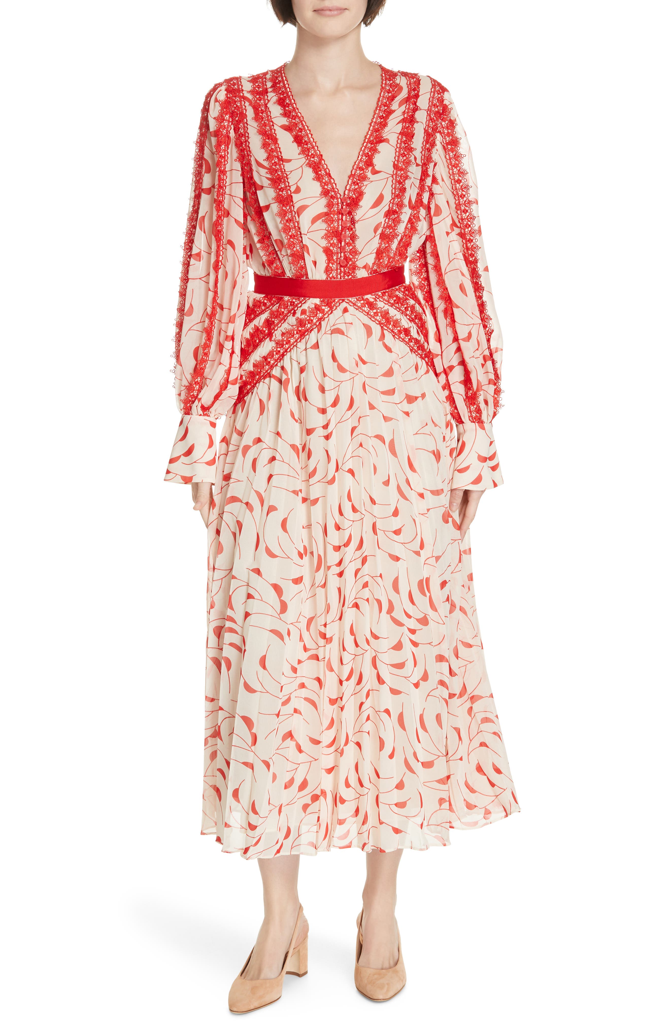 Self-Portrait Crescent Print Chiffon Midi Dress, Ivory