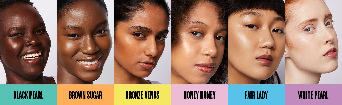 Women ranging in skin tone from dark brown to brown, rich tan, olive, fair and very fair skin wearing UOMA foundation.