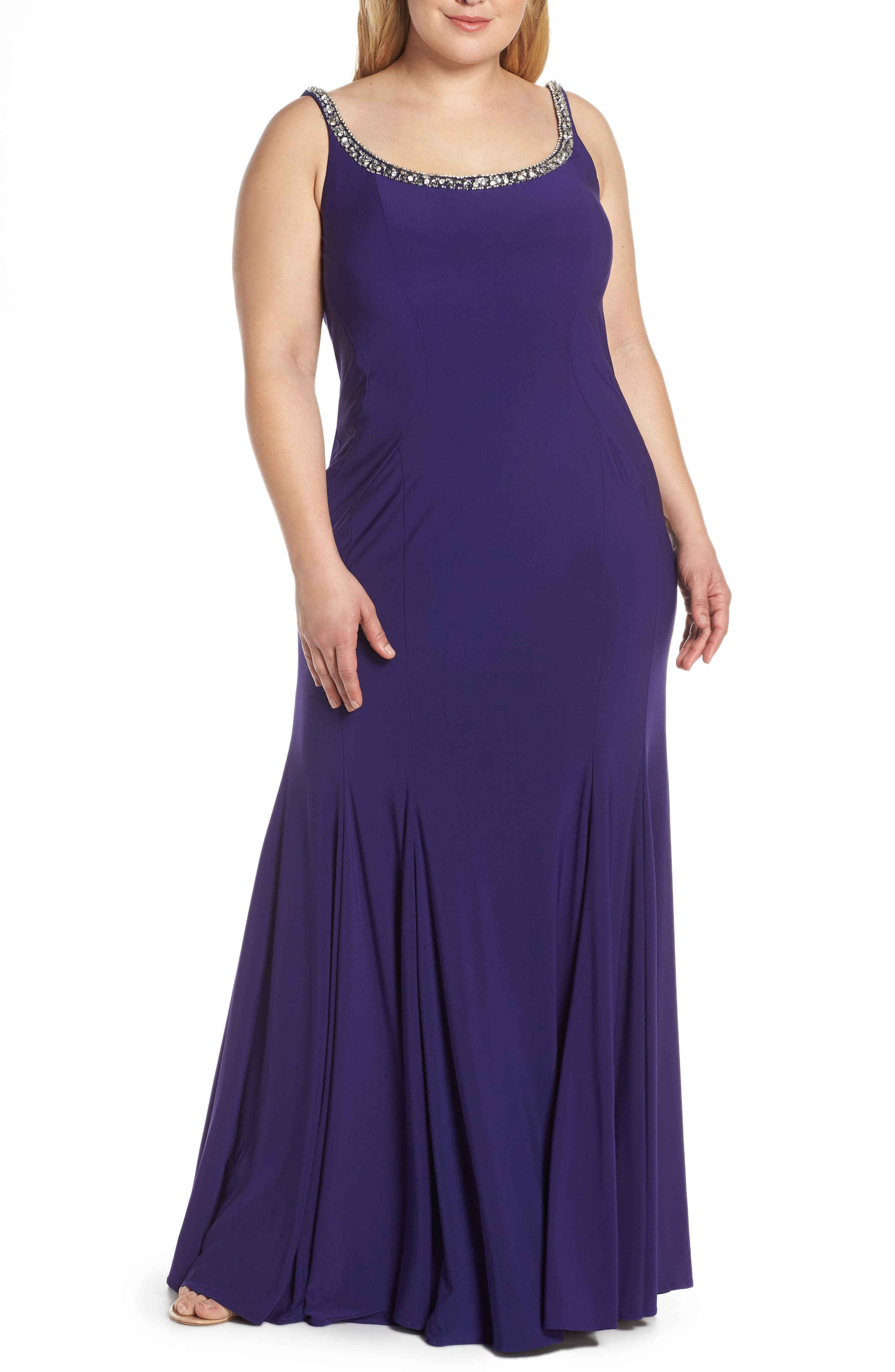 Plus Size MAC Duggal Jeweled Neck Lace-Up Back Jersey Gown, Purple