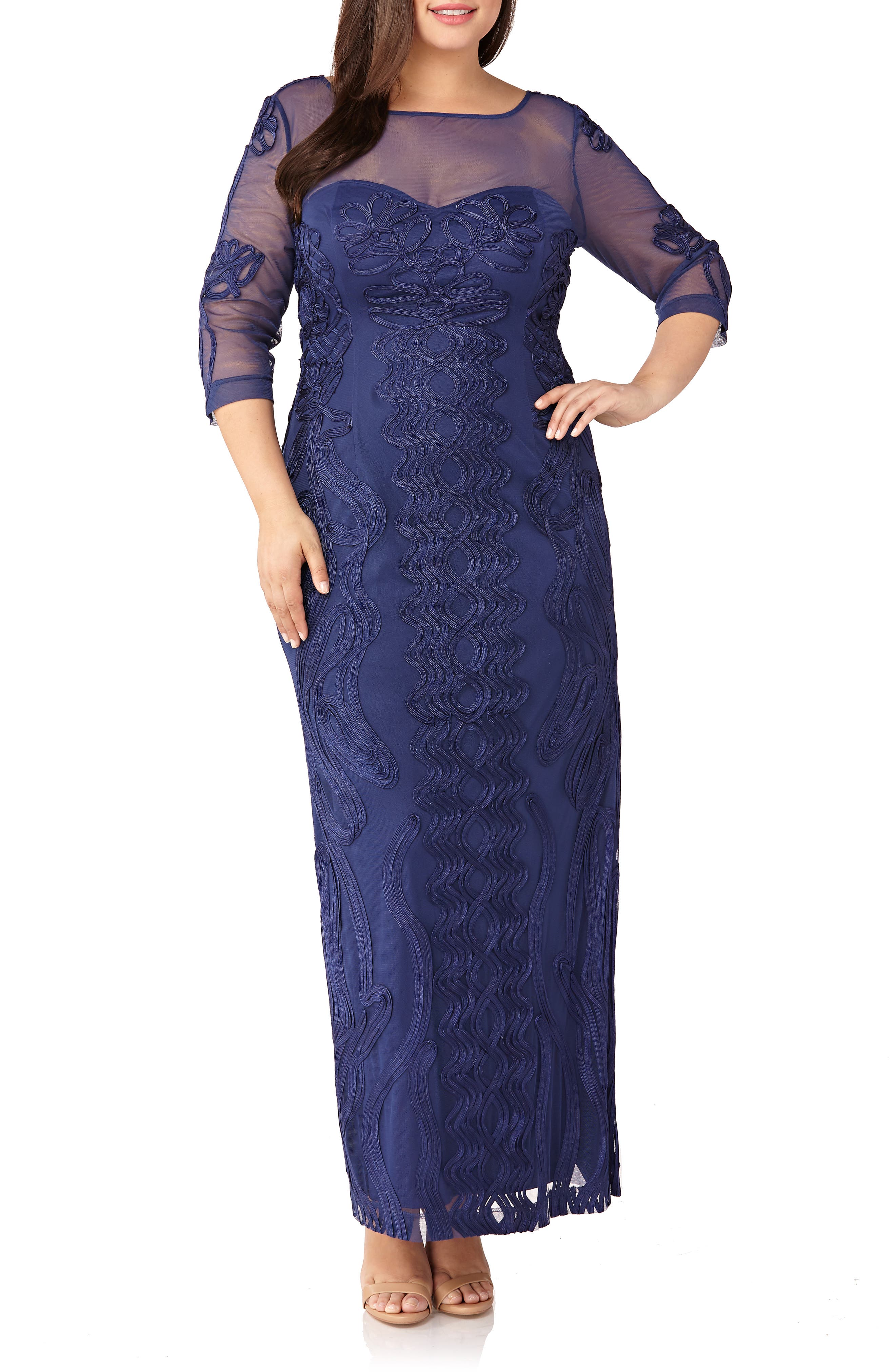 Plus Size Js Collections Soutache Trim Mesh Column Gown, Blue