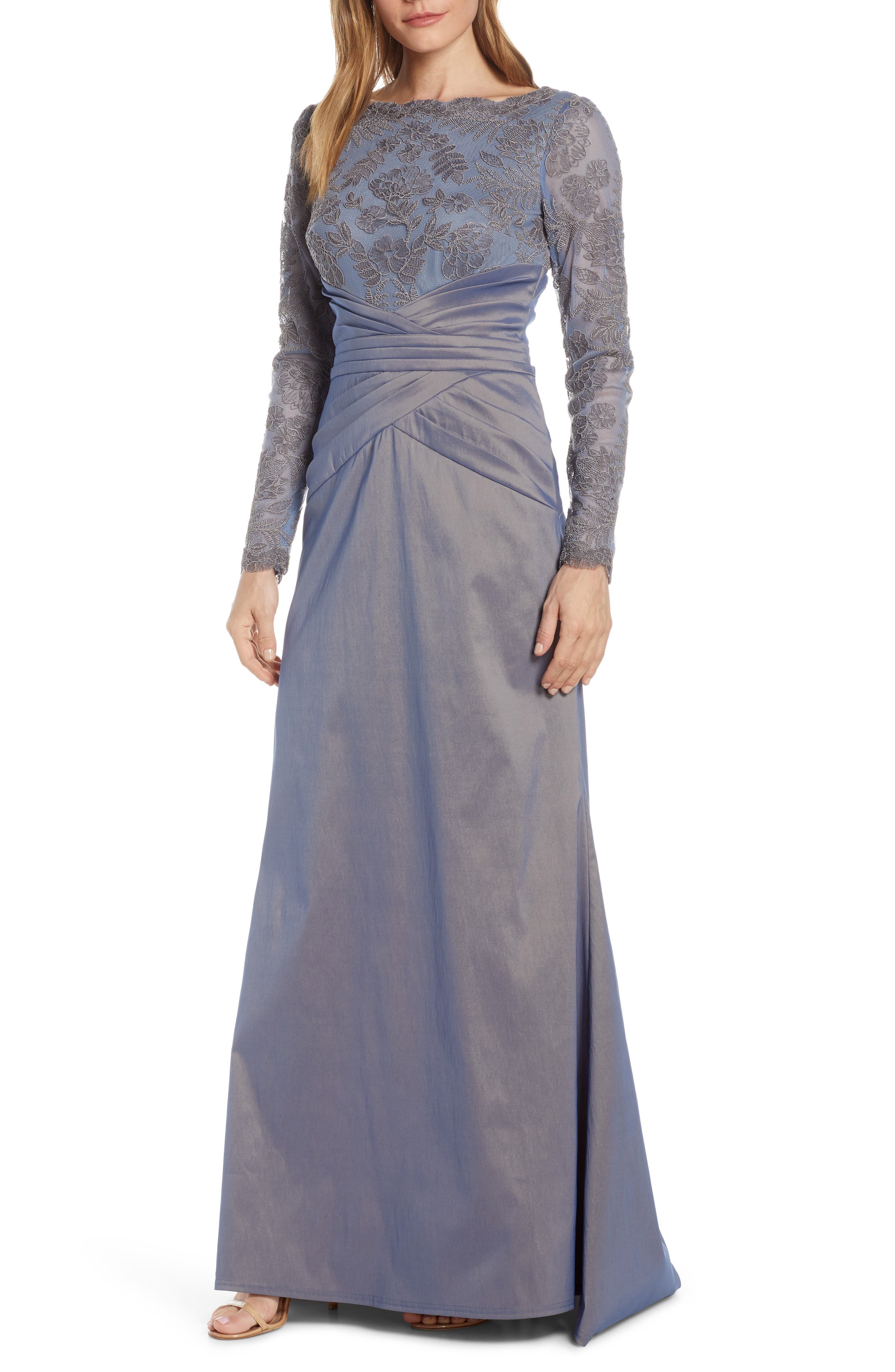 Tadashi Shoji Embroidered Mesh & Taffeta Gown, Grey