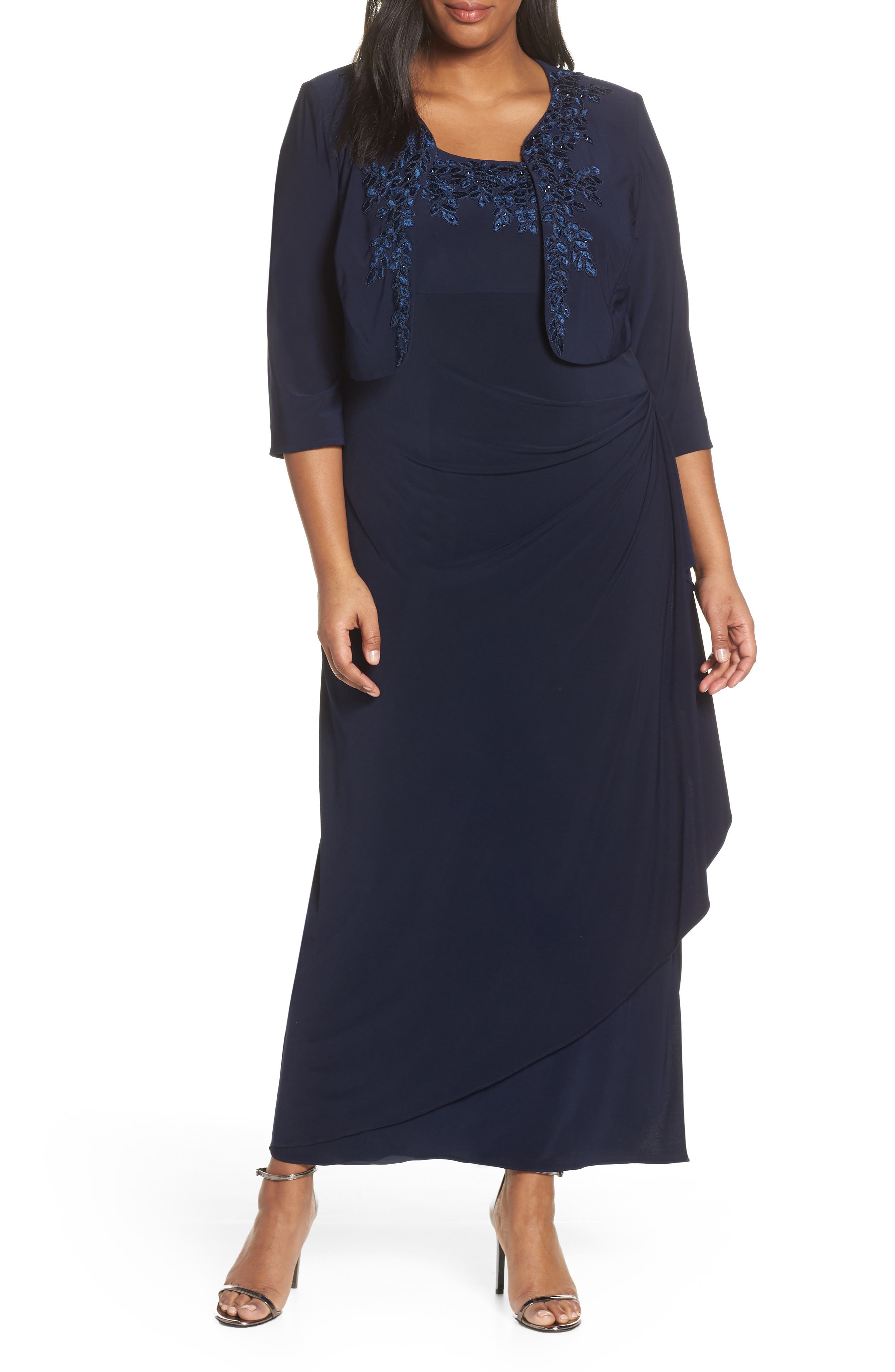Plus Size Alex Evenings Side Ruched Evening Dress With Bolero, Blue
