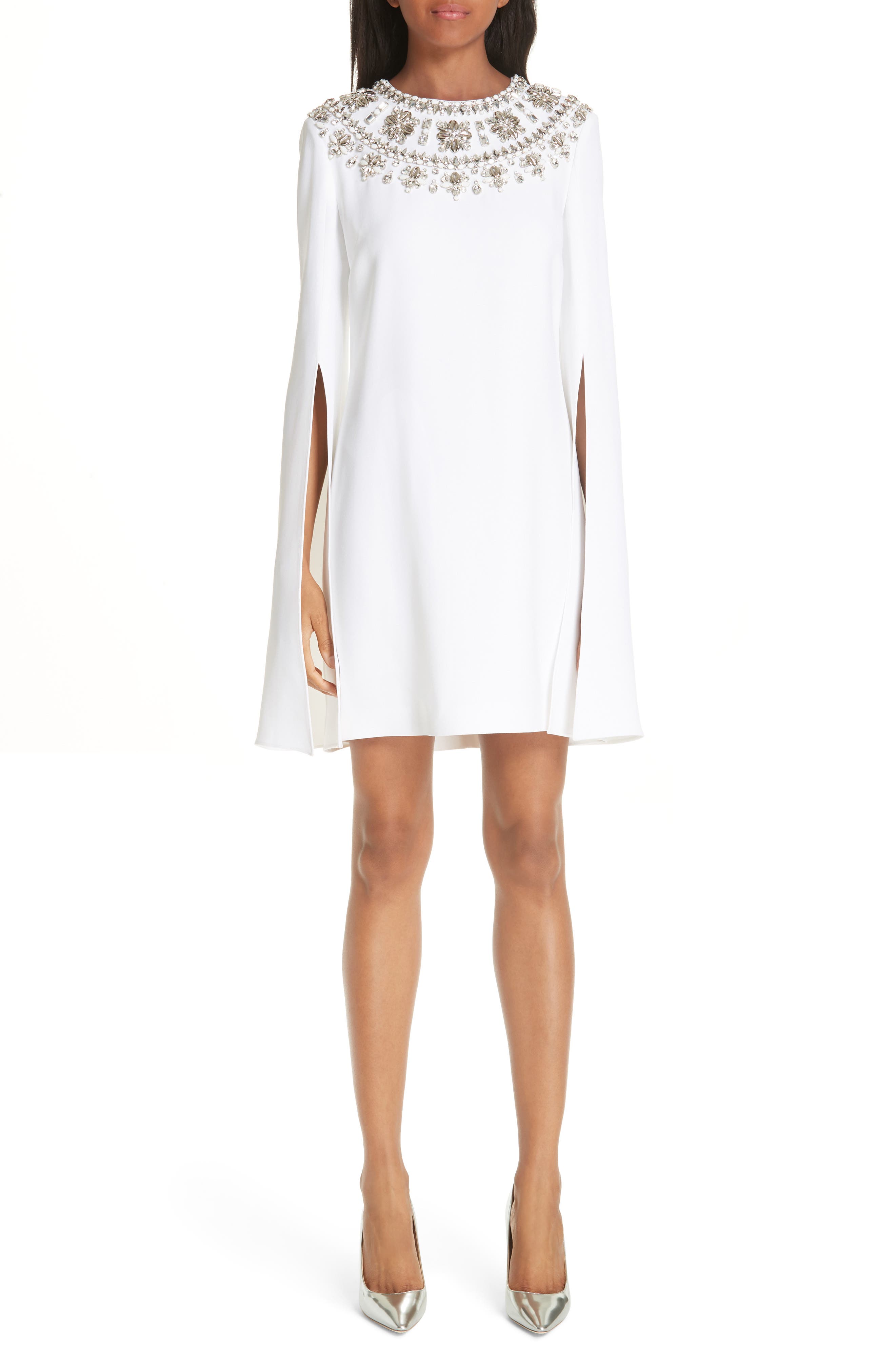 Michael Kors Crystal Embellished Split Sleeve Double Crepe Sable Dress, White
