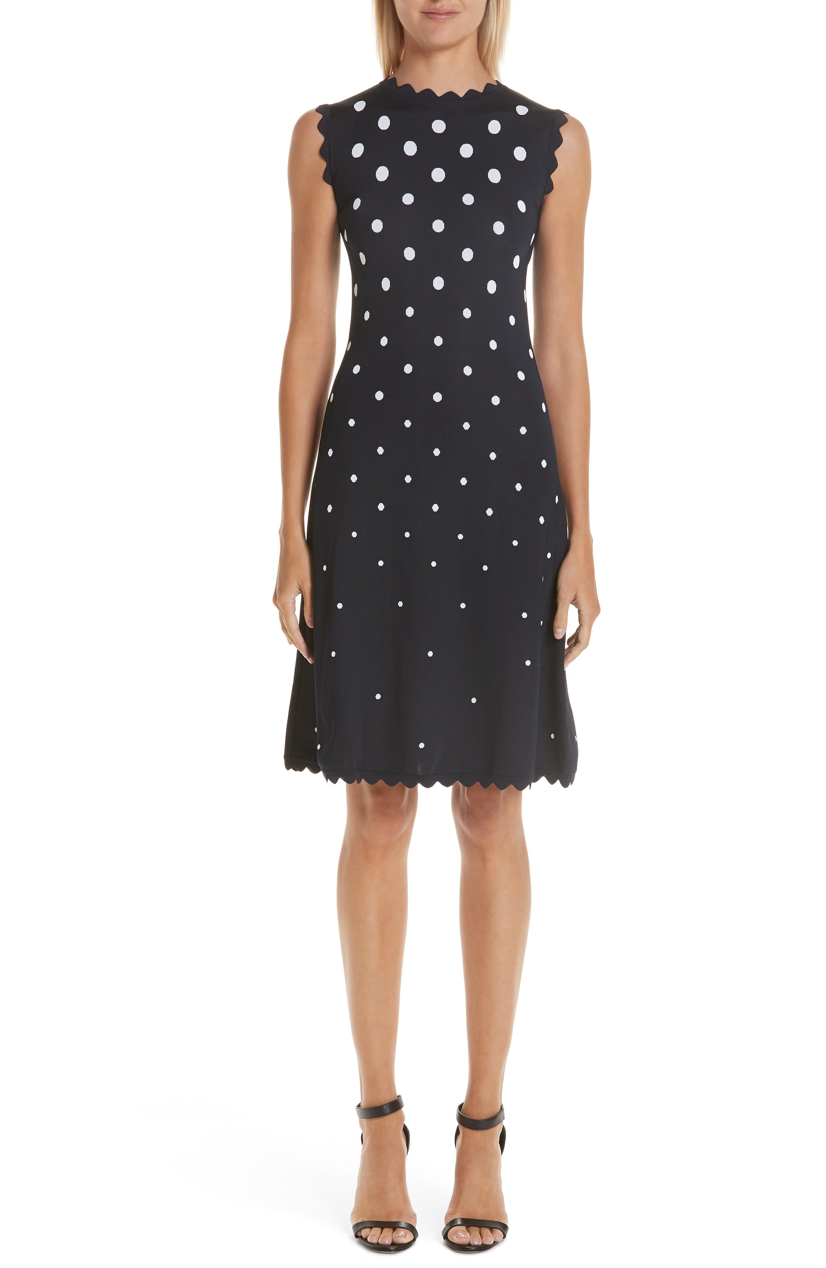 Oscar De La Renta Scallop Edge Polka Dot A-Line Dress, Blue