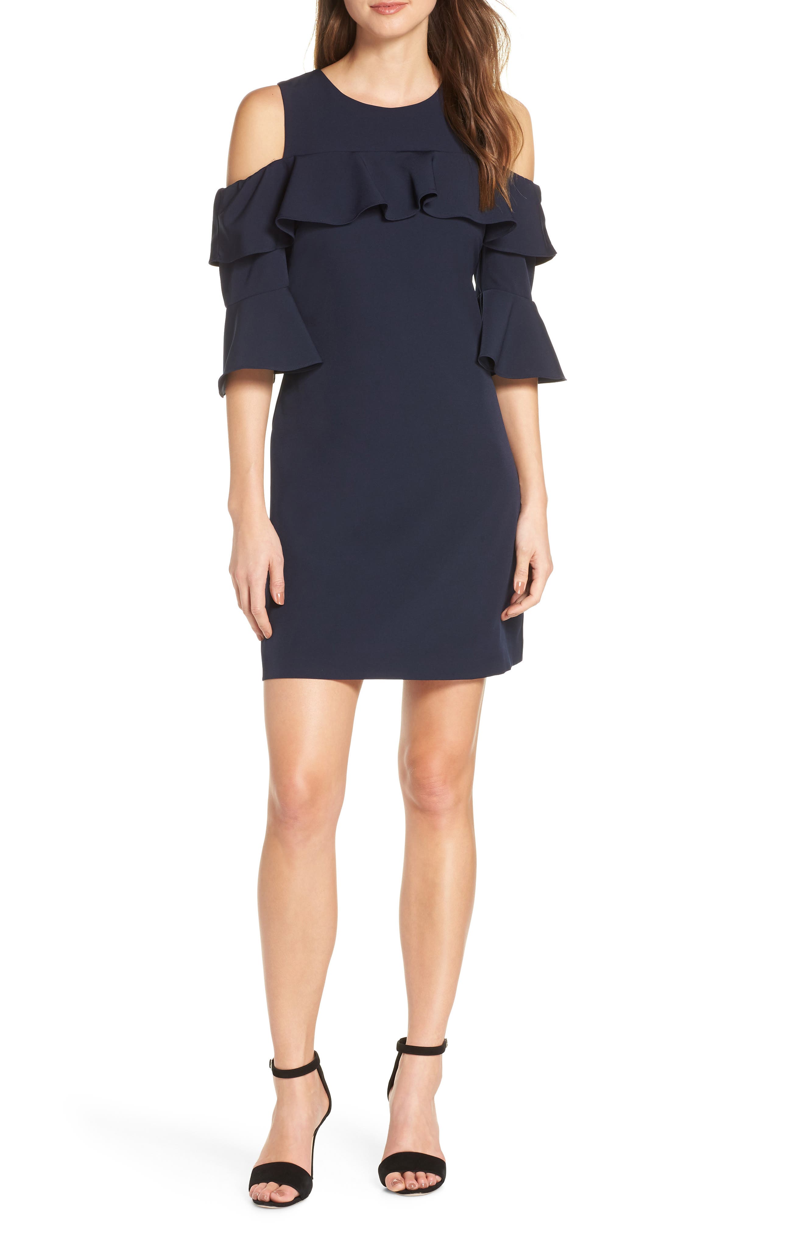 Eliza J Ruffle Cold Shoulder Shift Dress, Blue