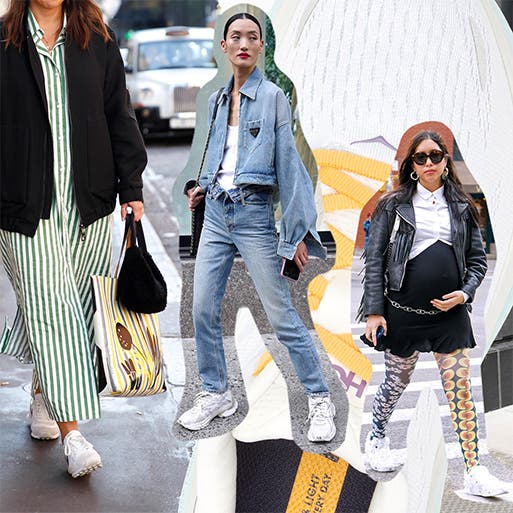 A variety of street-style looks featuring white sneakers.