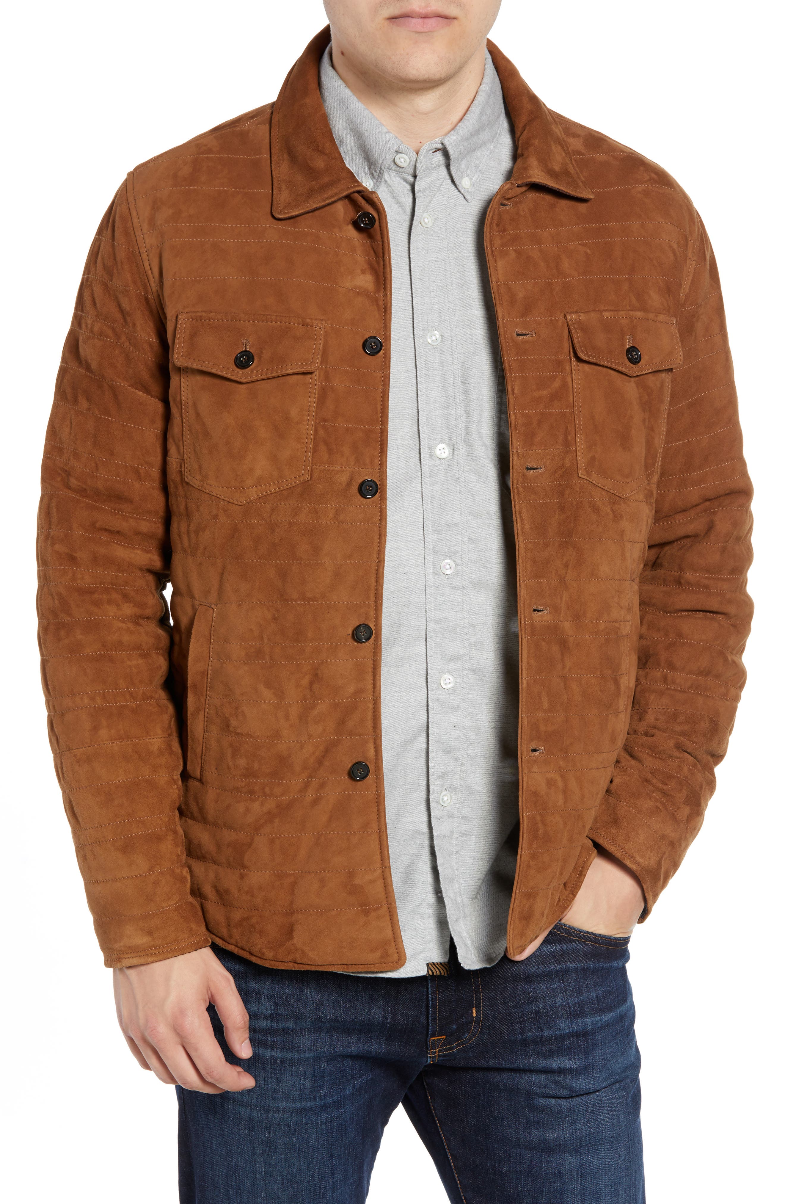Billy Reid Regular Fit Quilted Suede Shirt Jacket, Brown