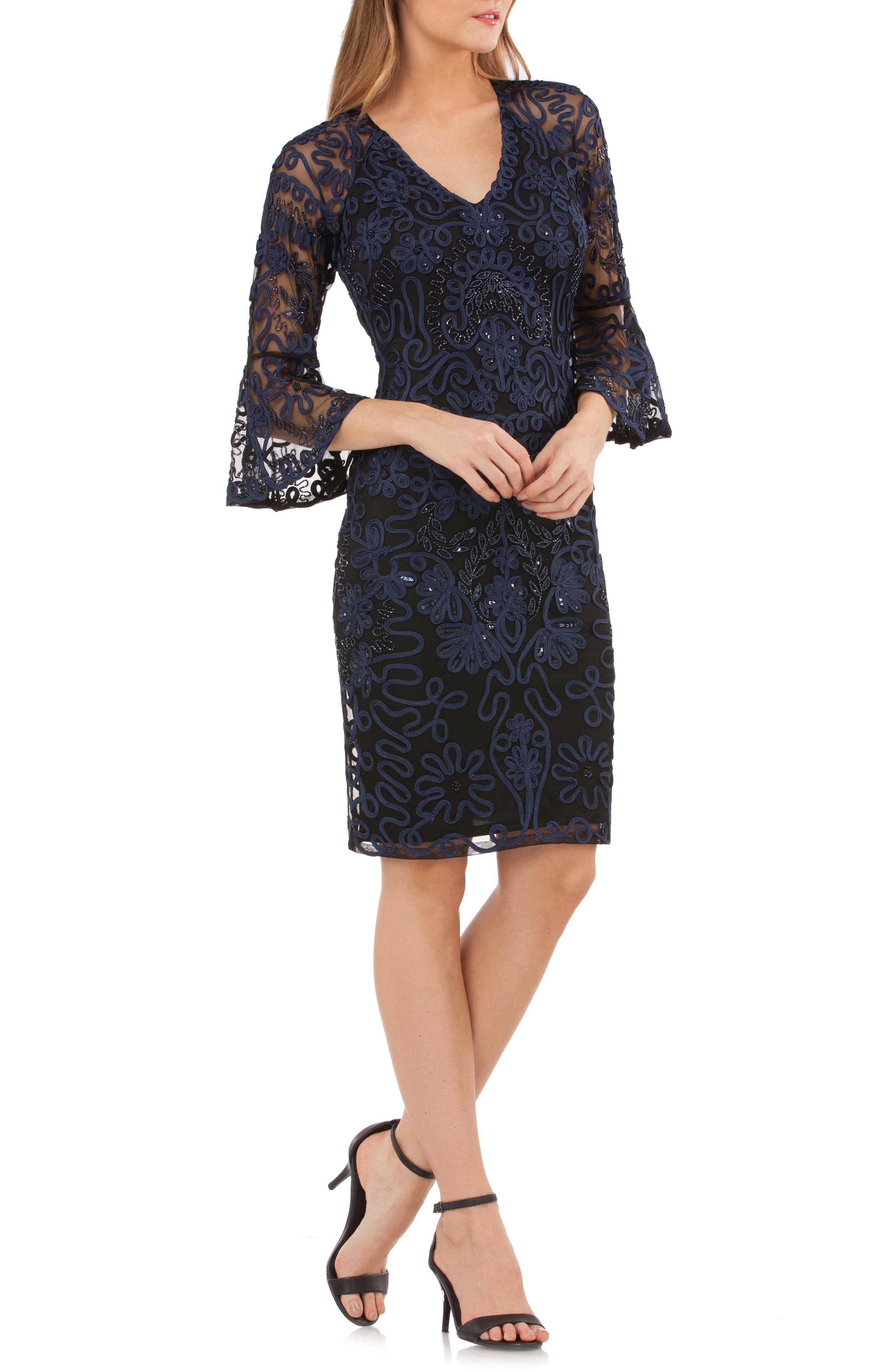 Js Collections Bell Sleeve Bead & Soutache Cocktail Dress, Blue