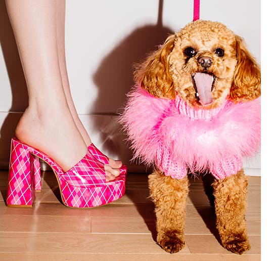 Woman wearing hot pink argyle patterned platform high heels.