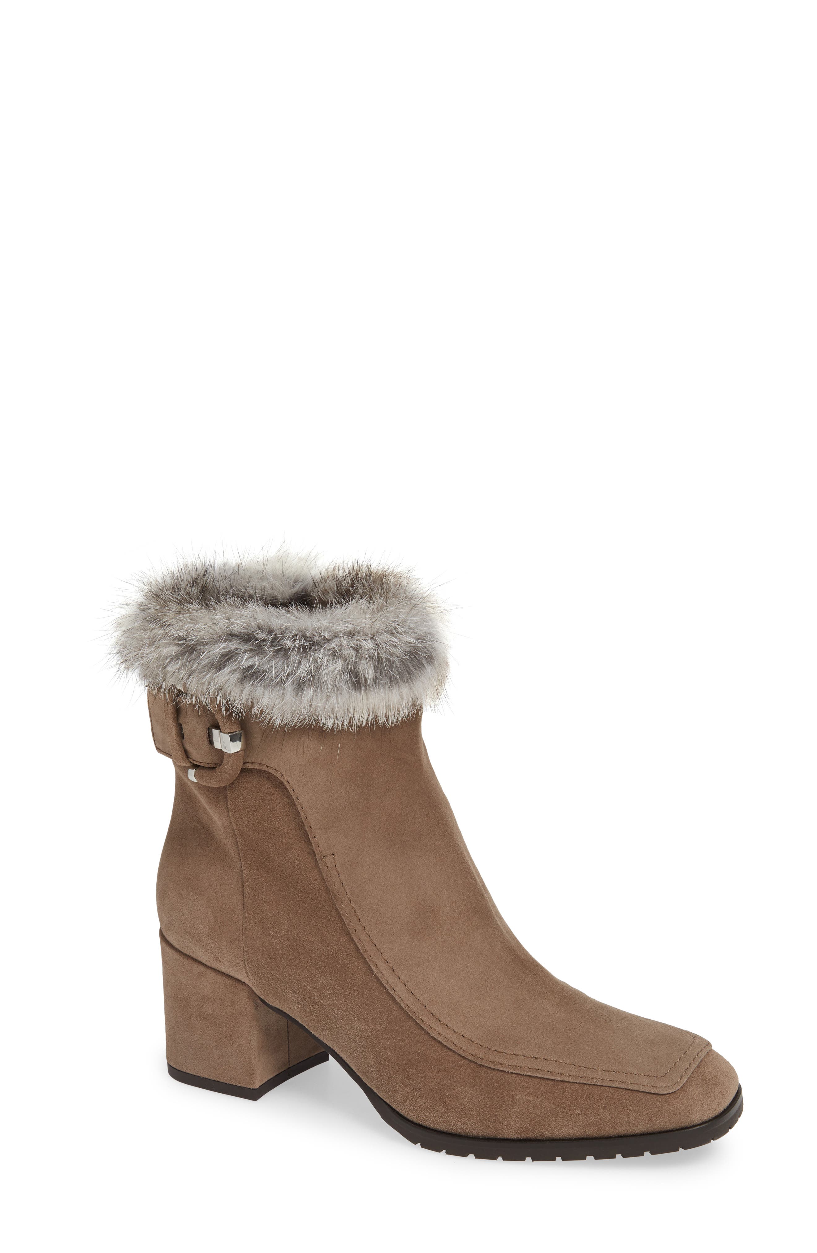Aquatalia Water Resistant Genuine Rabbit Fur Trim Block Heel Bootie, Beige
