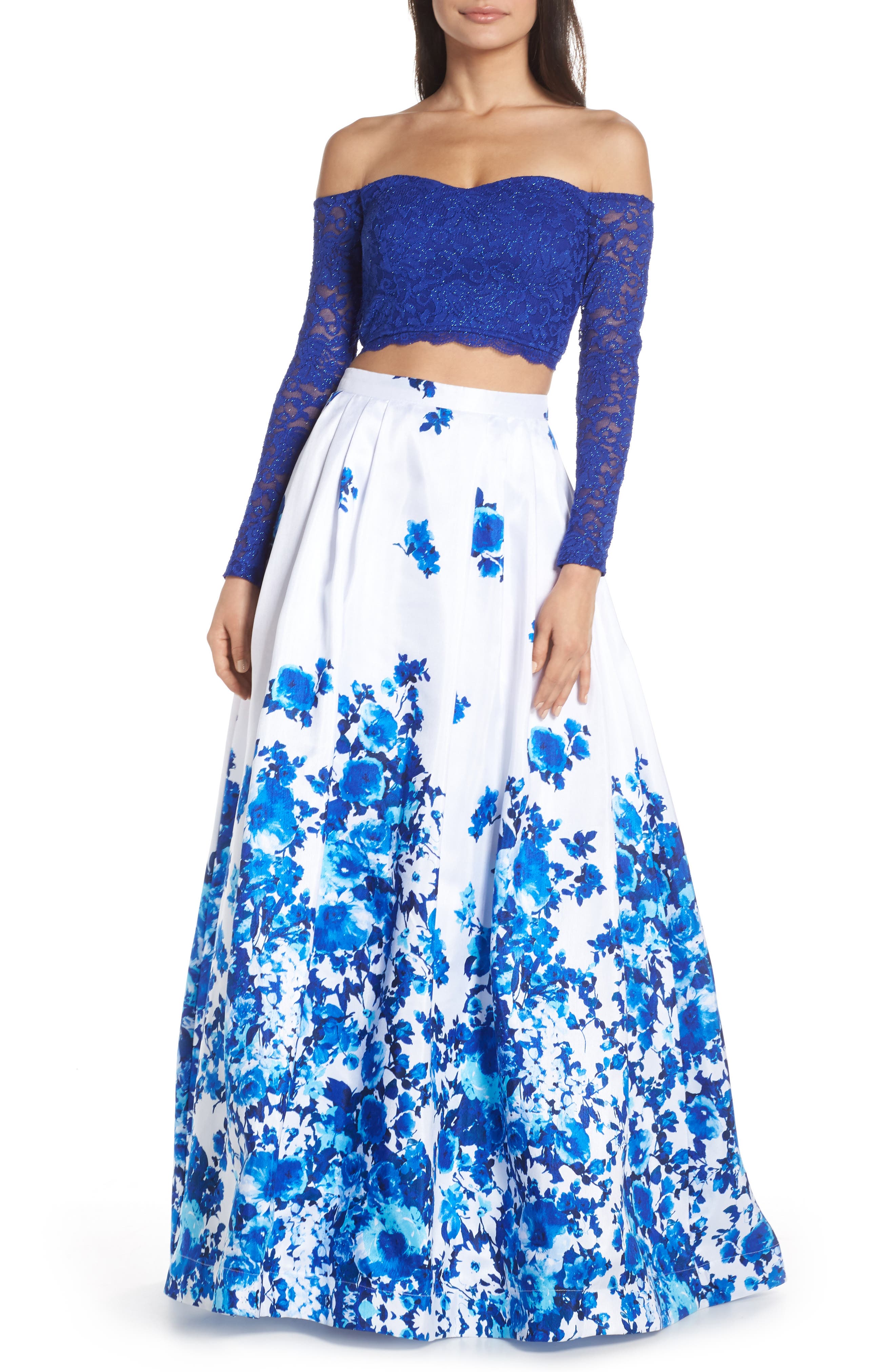 Sequin Hearts Off The Shoulder Lace & Floral Two-Piece Evening Dress, Blue