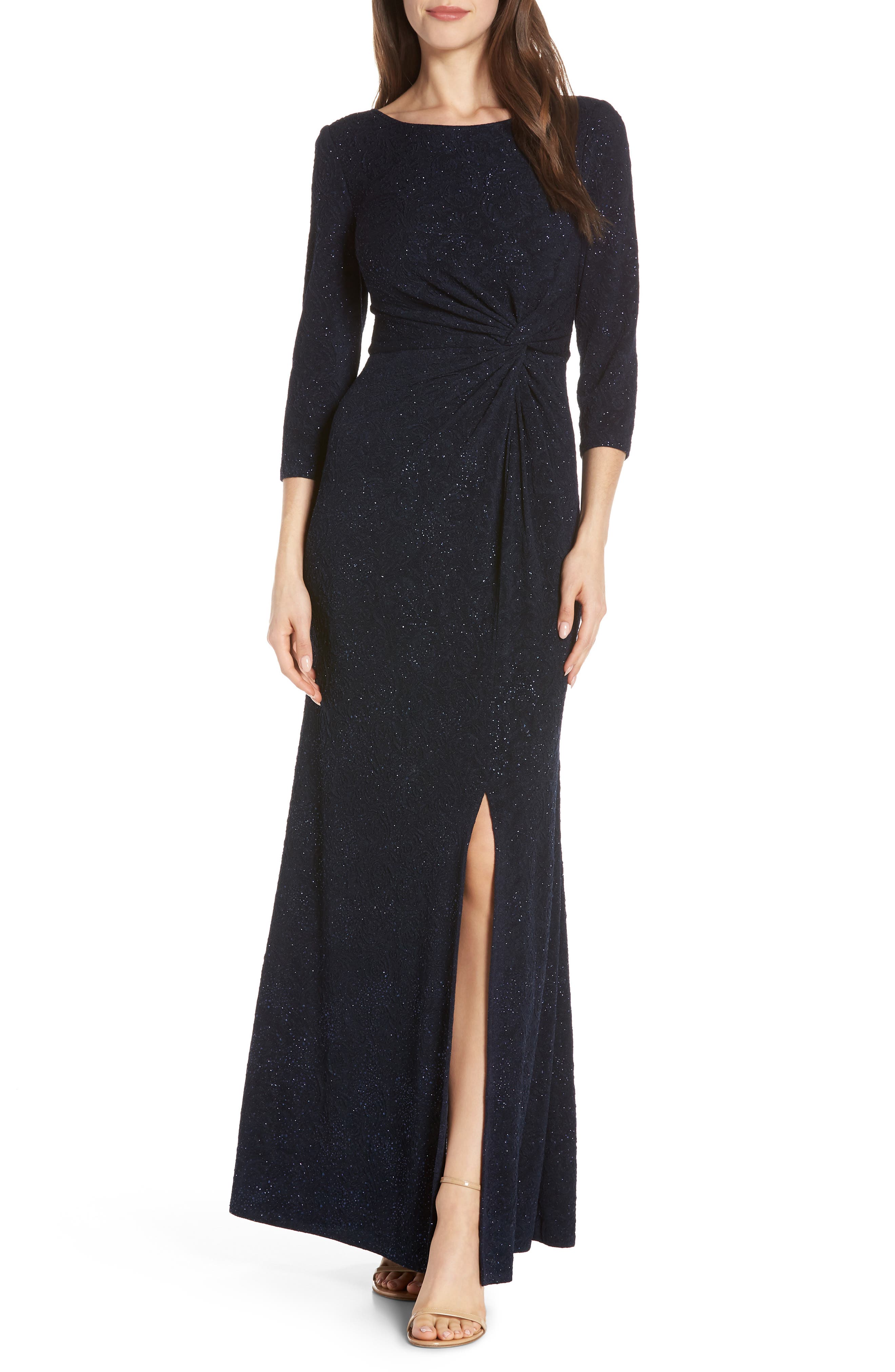 Petite Alex Evenings Knot Front Sequin Jacquard Evening Dress, Blue
