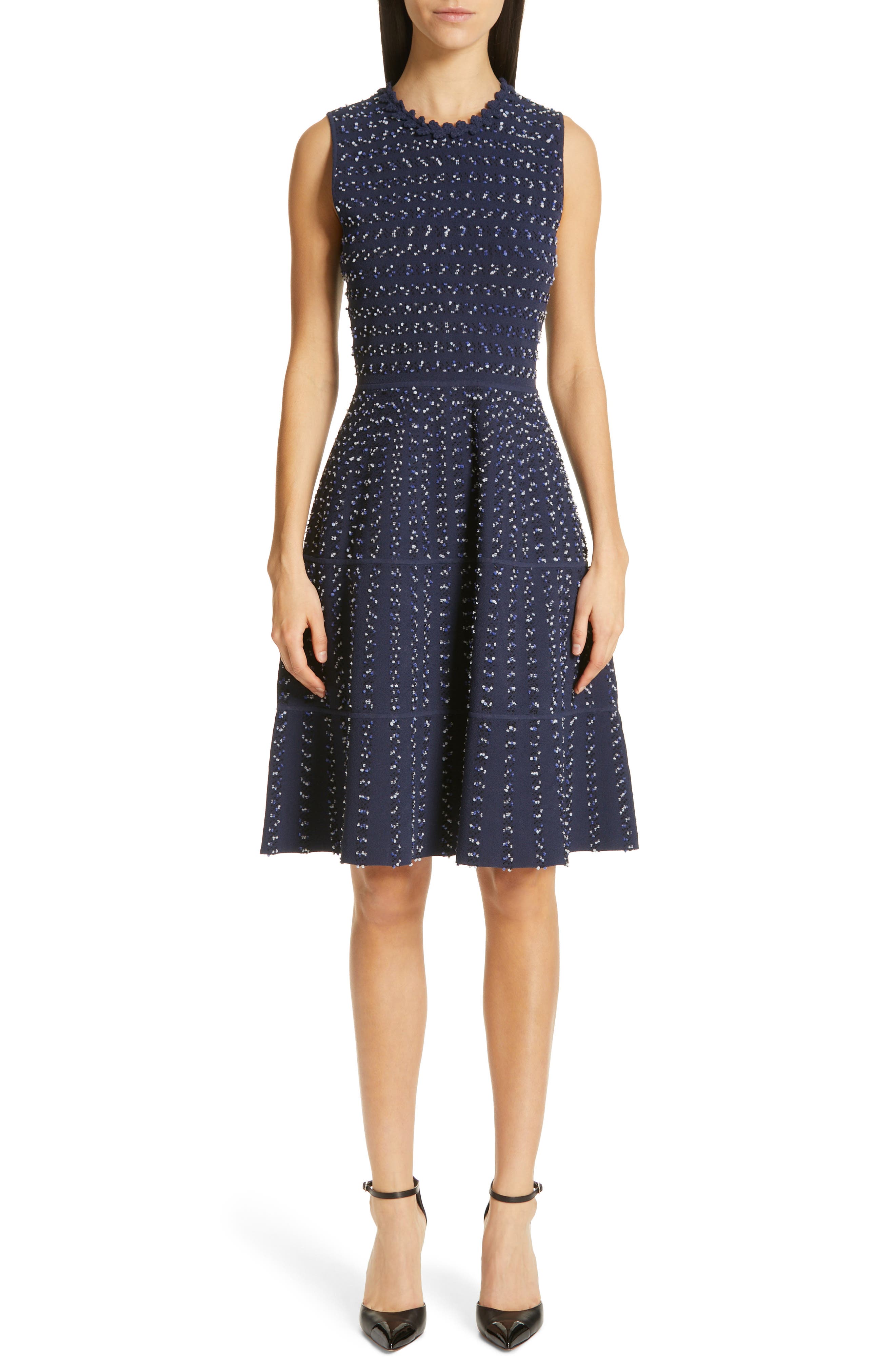 Lela Rose Speckled Tweed Sweater Dress, Blue