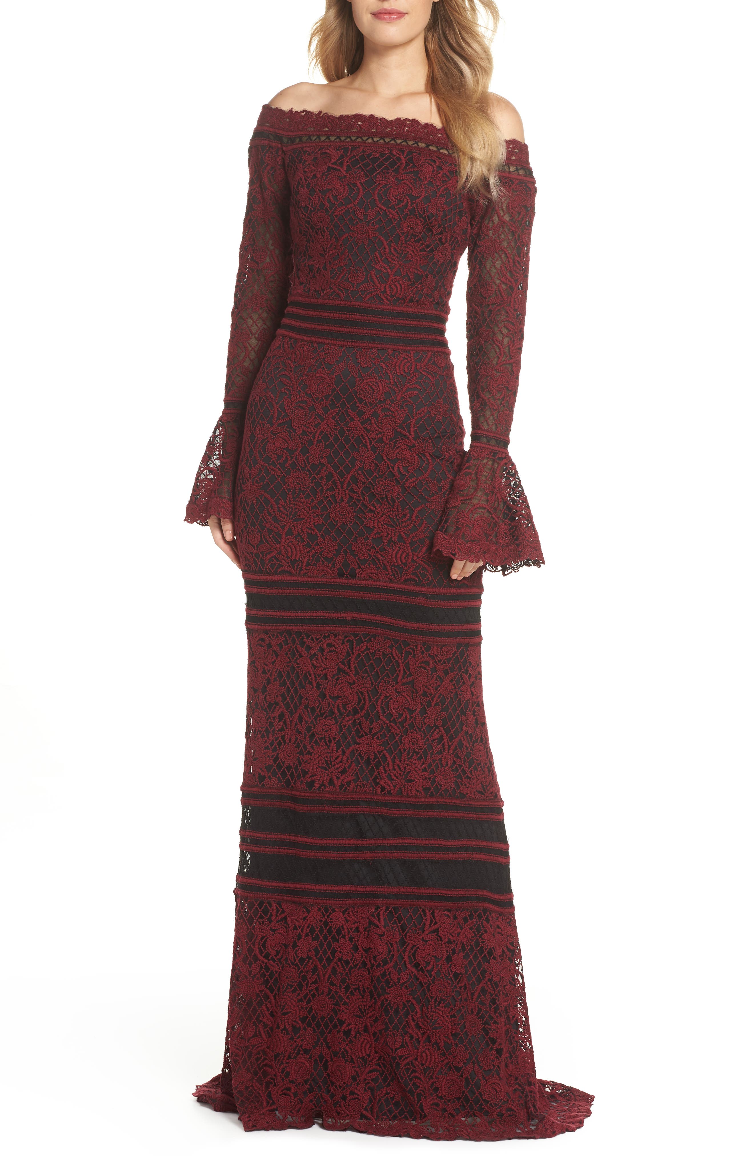 Tadashi Shoji Bell Sleeve Embroidered Lace Gown, Red