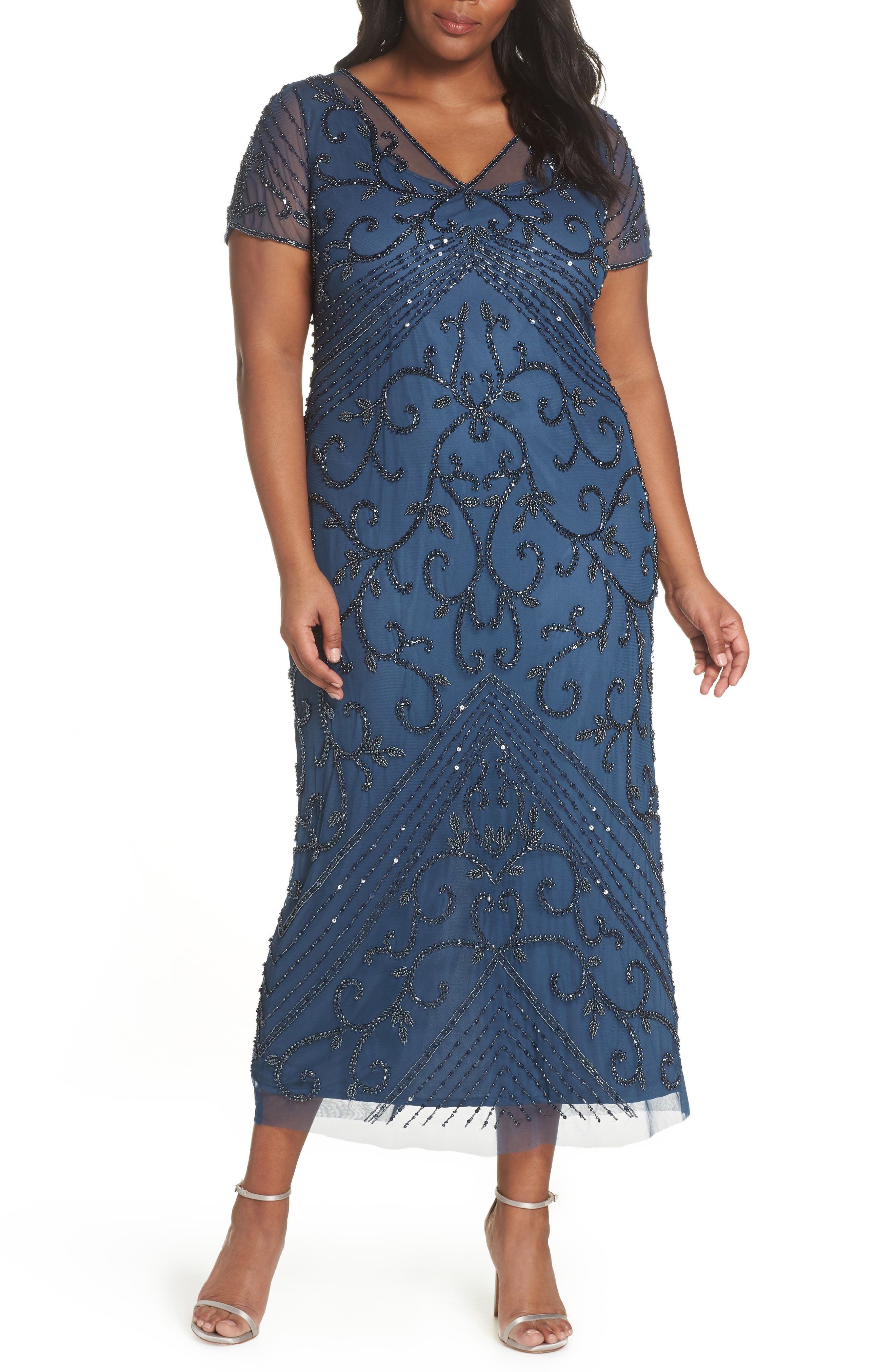 Plus Size Pisarro Nights Beaded Mesh Gown, Blue