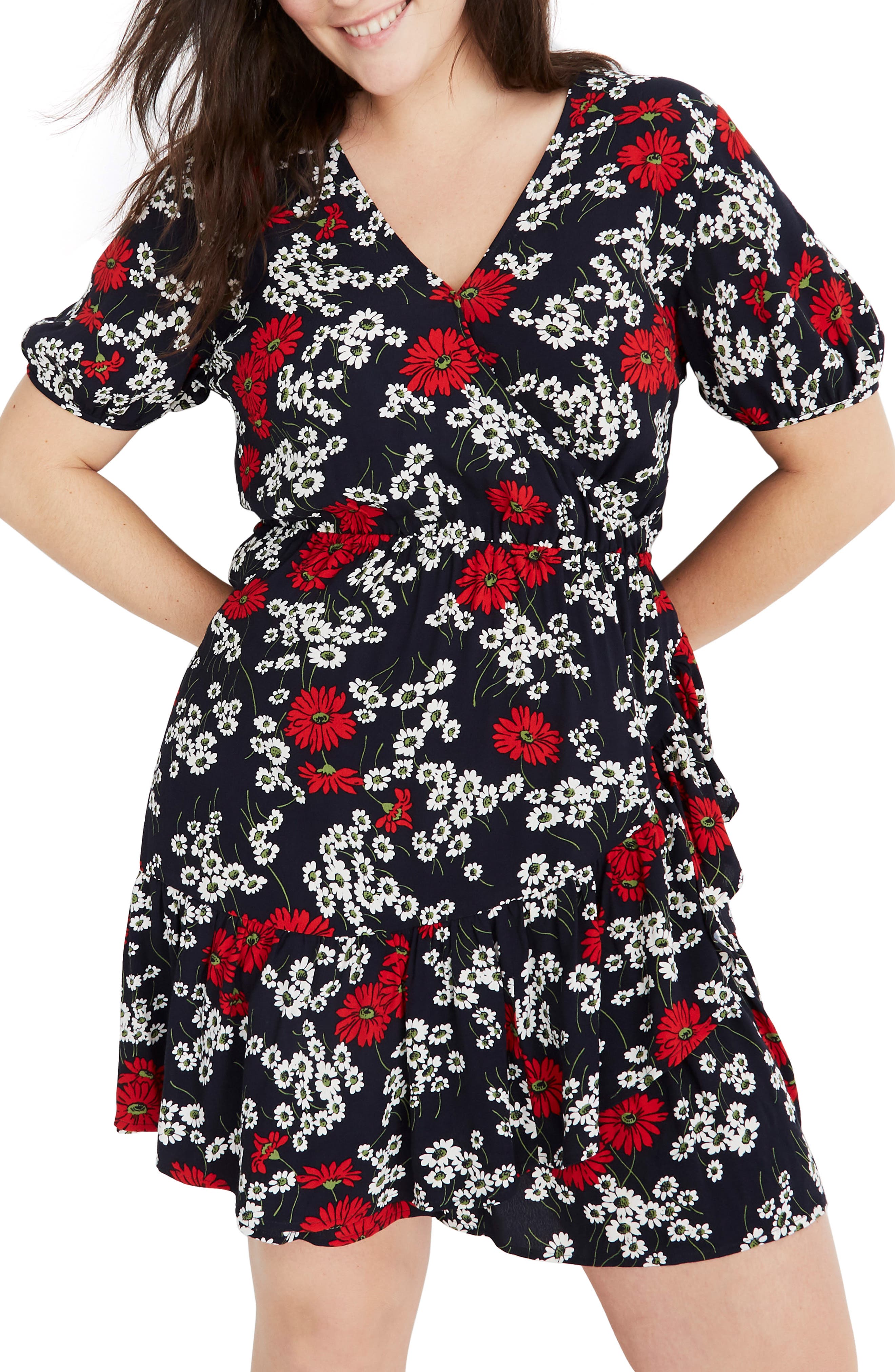 Madewell Hillside Daisies Ruffle Faux Wrap Dress, Blue