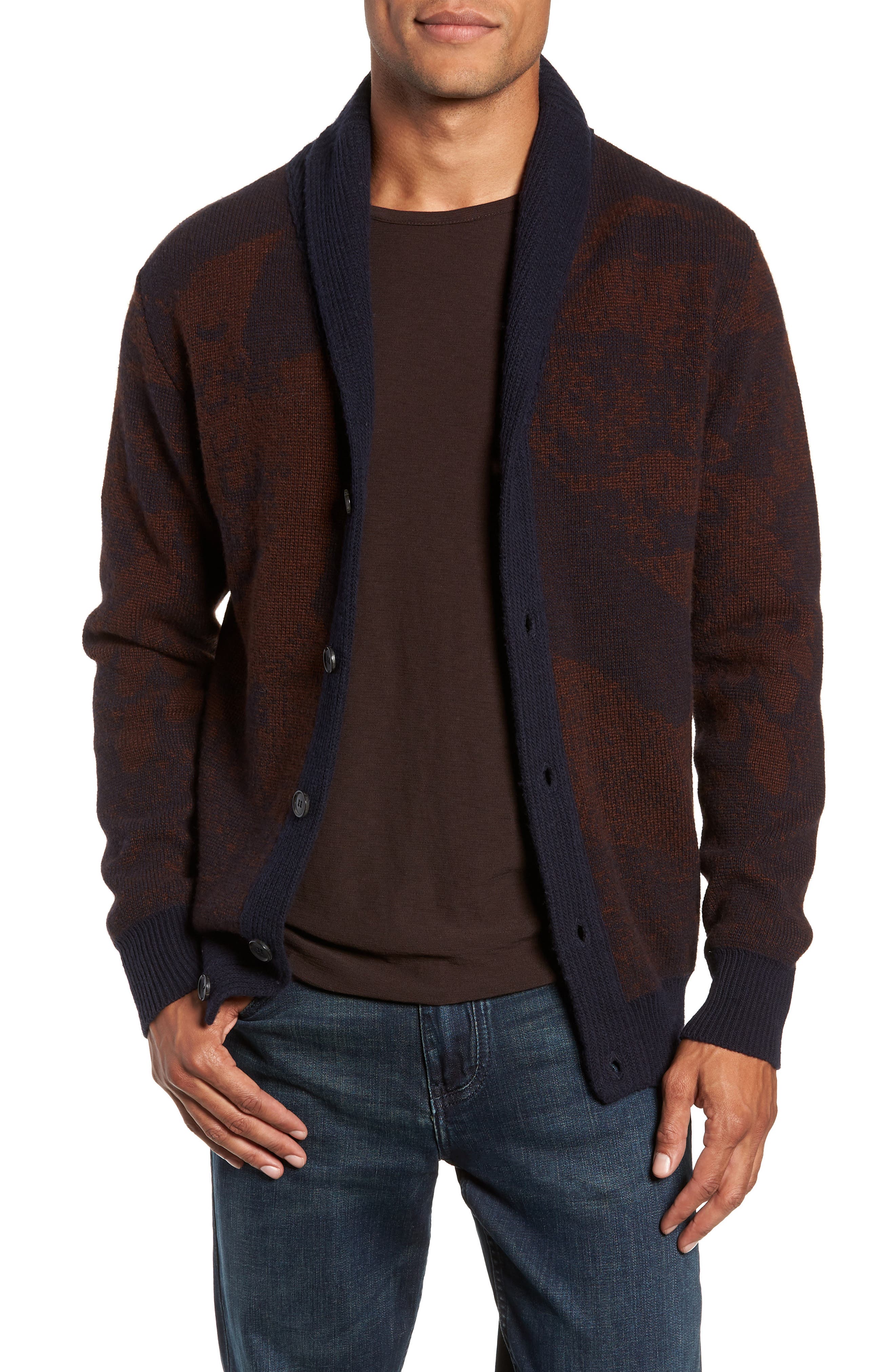 Billy Reid Peacock Shawl Collar Wool Blend Cardigan, Blue