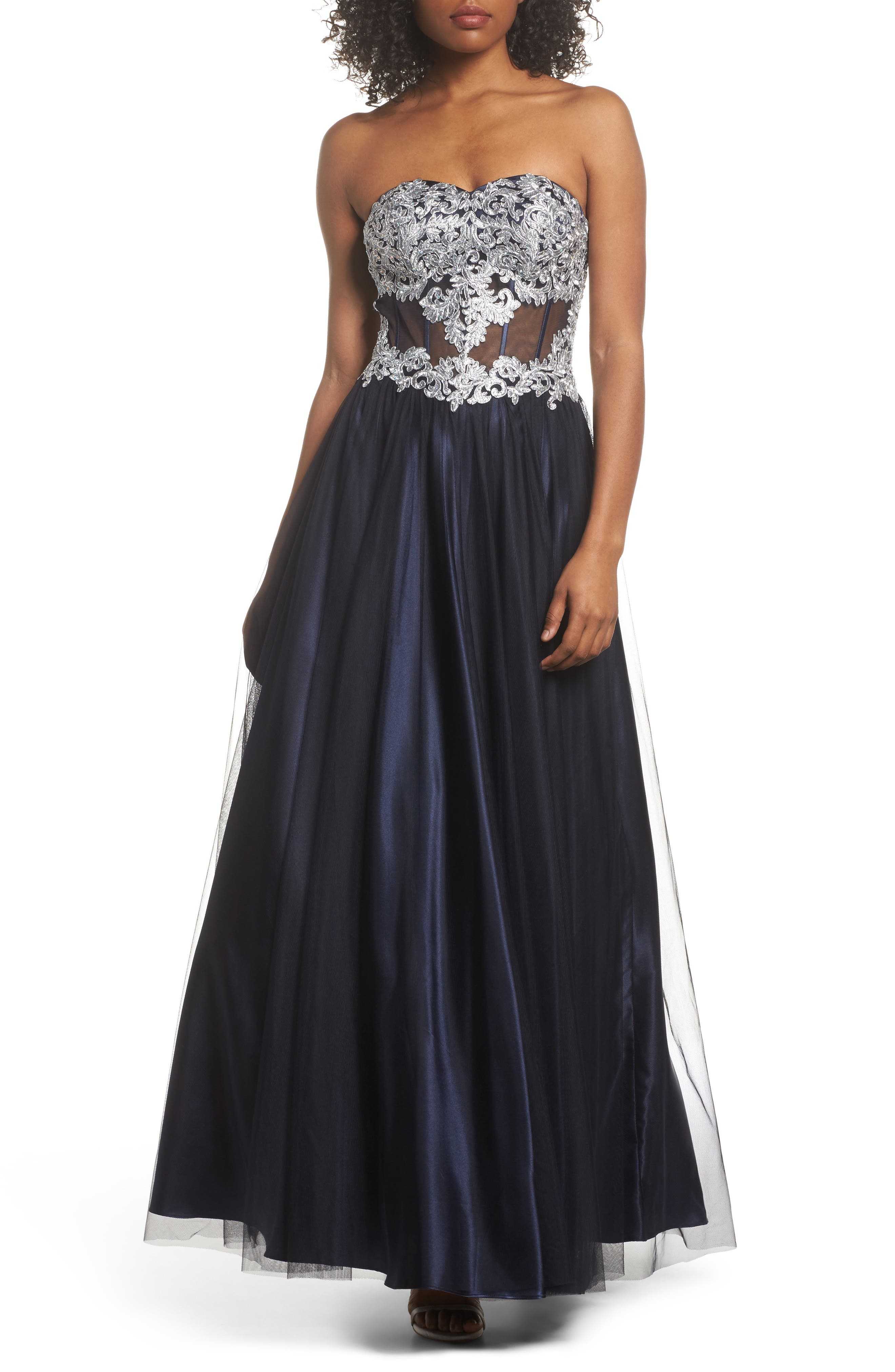 Blondie Nites Embellished Corset Ballgown, Blue